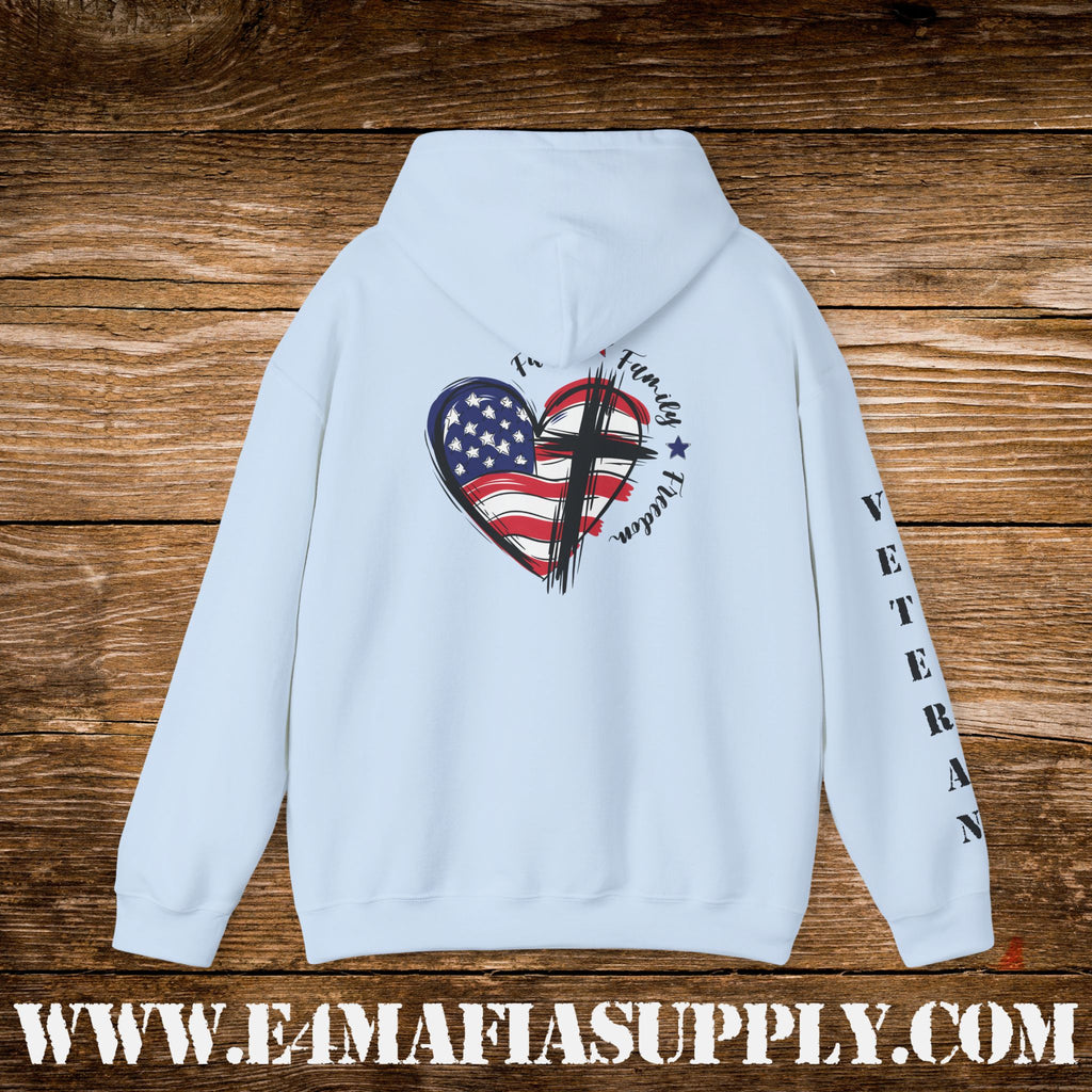 “Faith Family Freedom” Patriotic Cross and Flag Veteran Hoodie
