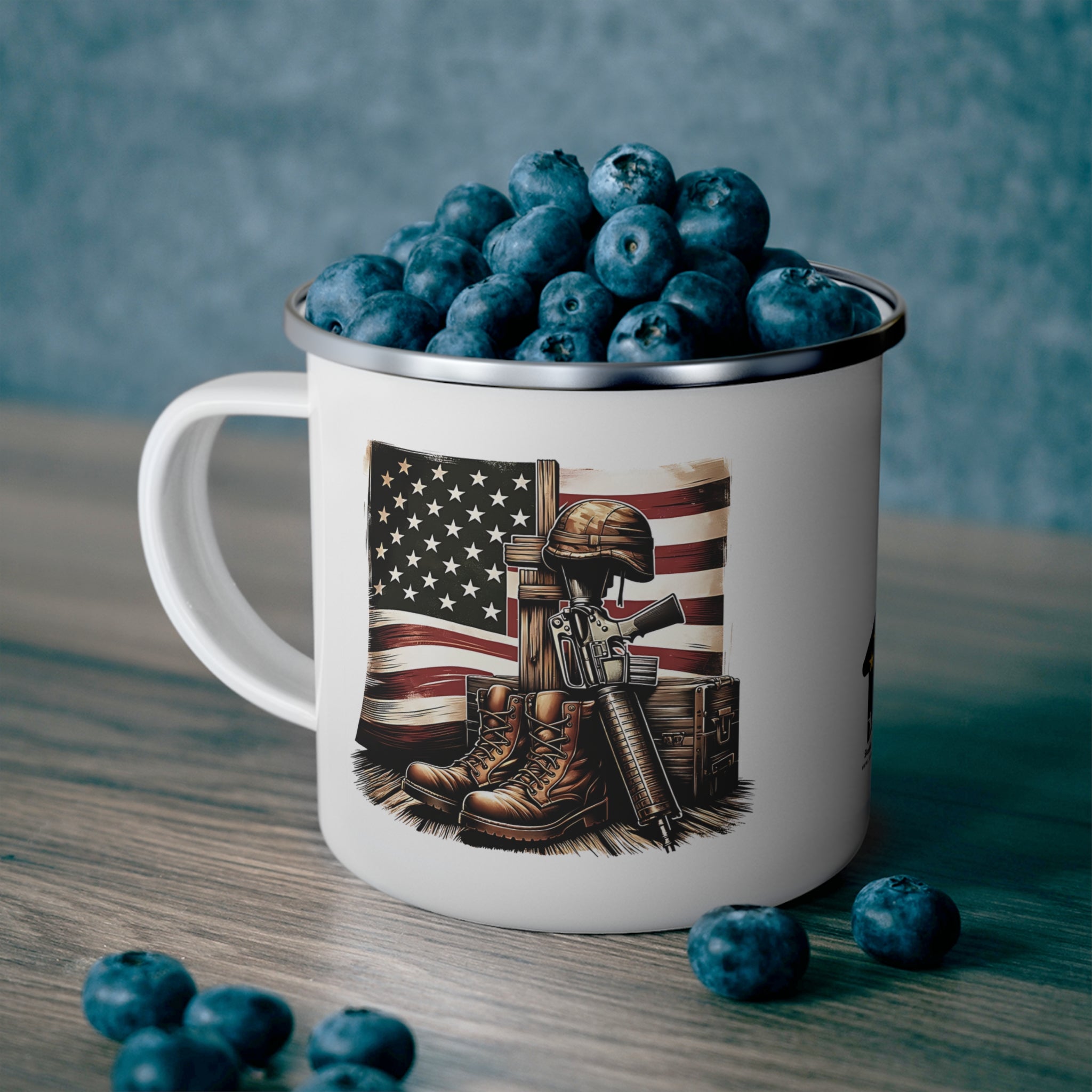 Battlefield Cross Coffee Cup – Patriotic Fallen Soldier Tribute Enamel Cup