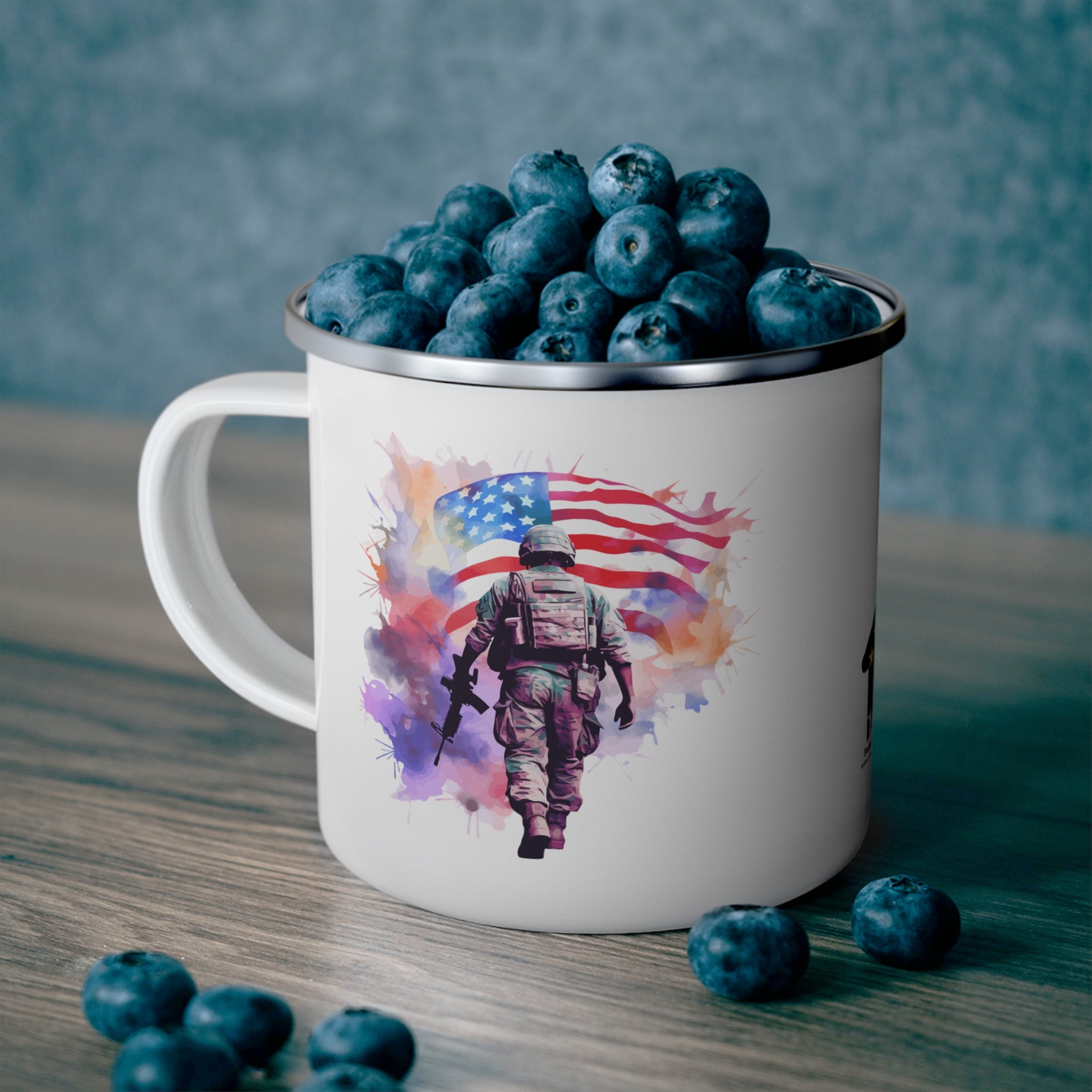 White Watercolor Soldier Coffee Cup – Patriotic Flag Tribute Enamel Cup