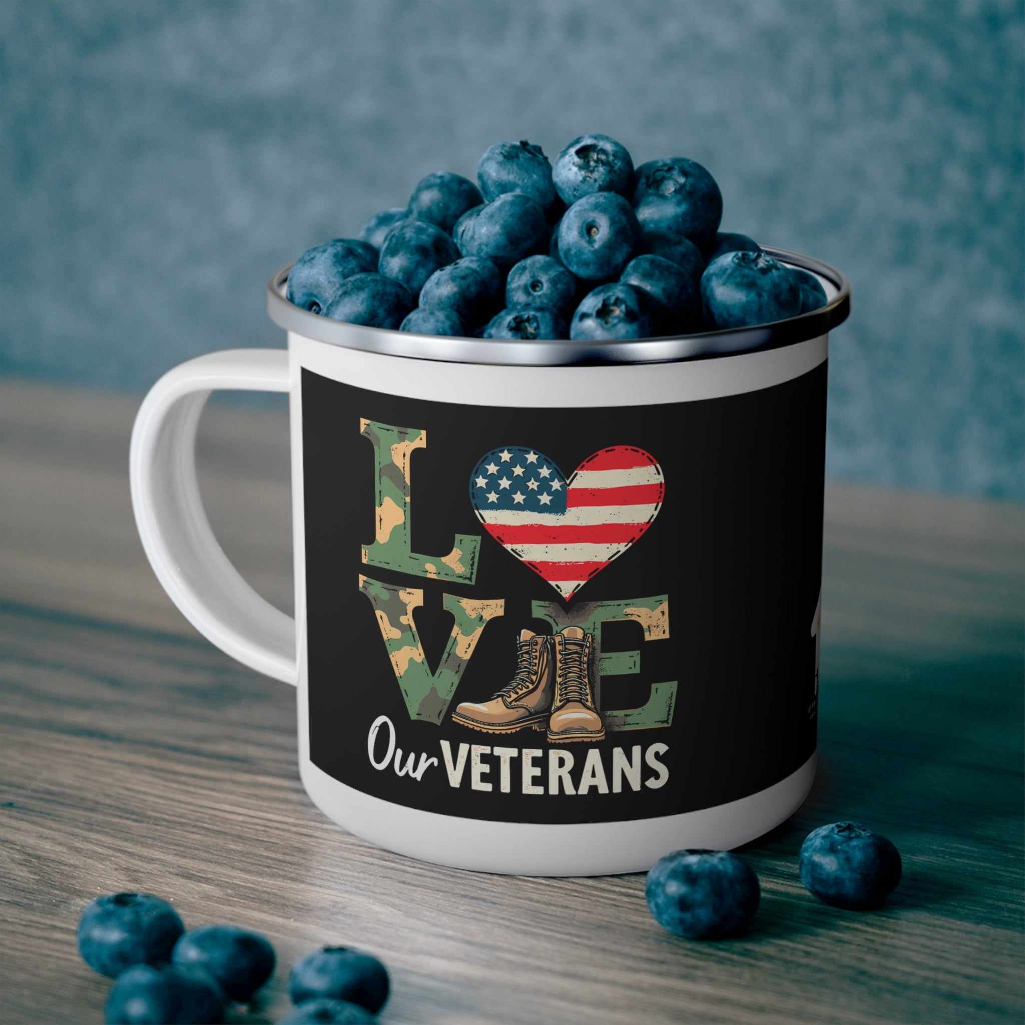 Love Our Veterans” Enamel Mug with Camo Letters, American Flag Heart, and Combat Boots