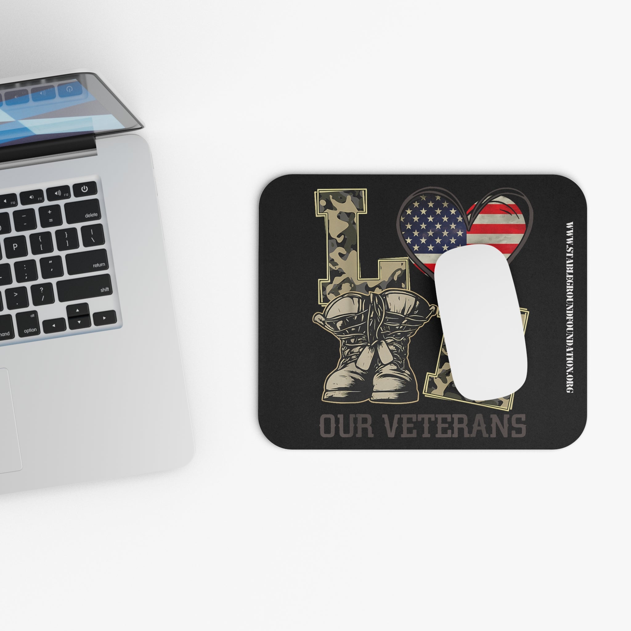 Love Our Veterans – Camo Boots & Flag Heart Mouse Pad