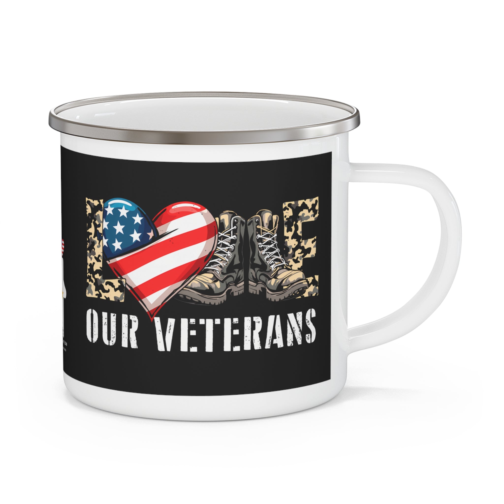 “Love Our Veterans” Enamel Mug with American Flag Heart and Combat Boots Design