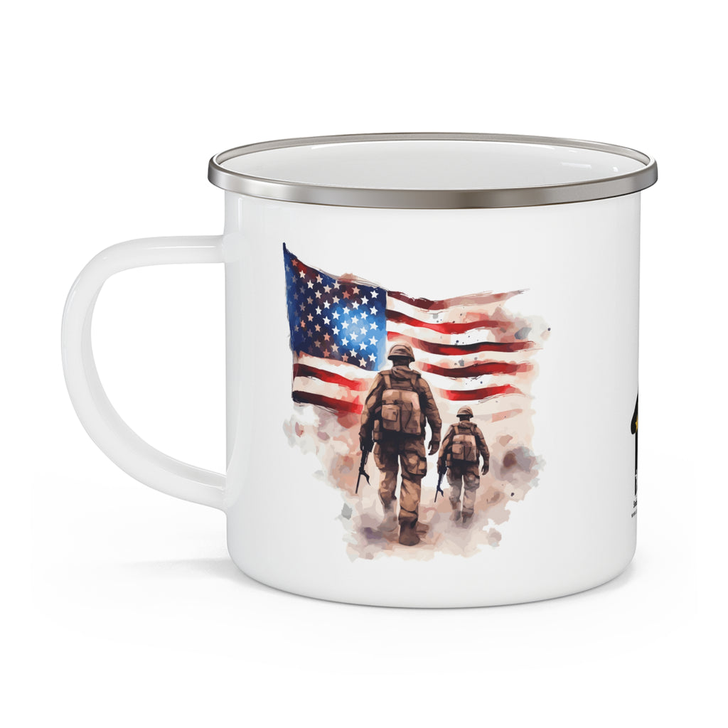 White Two Soldiers Coffee Cup – Brotherhood & Freedom Tribute Enamel Cup