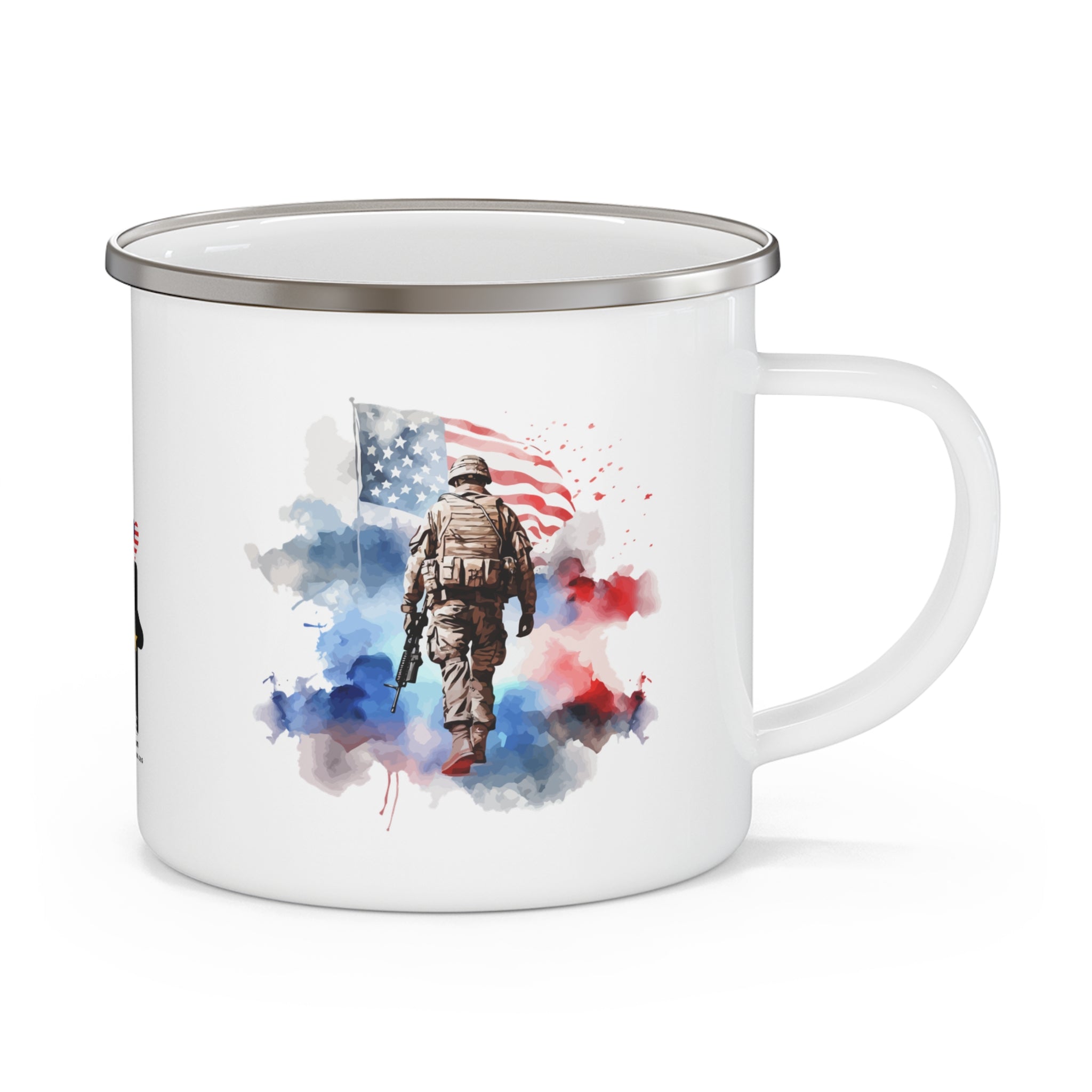 White Watercolor Soldier Coffee Cup – Patriotic Flag Tribute Enamel Cup