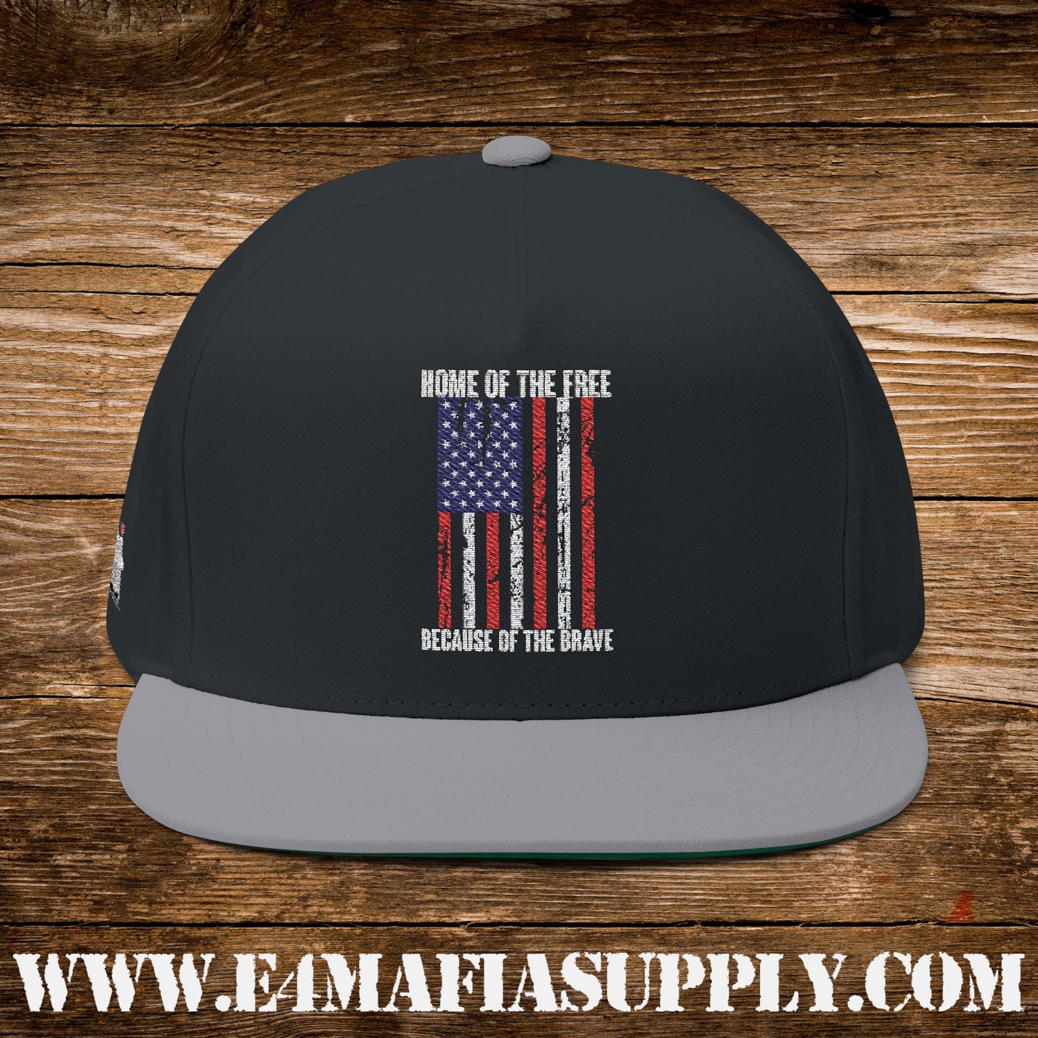 Patriotic “Home of the Free Because of the Brave” Flat Bill Cap with American Flag