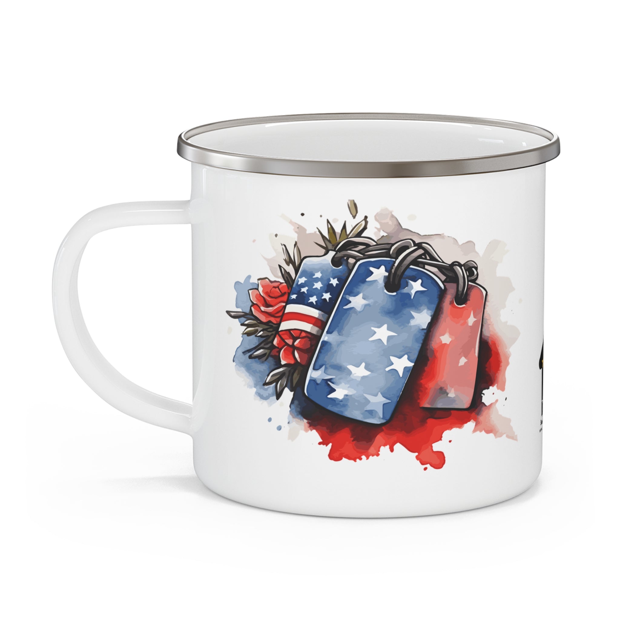 Patriotic Dog Tags Coffee Cup – American Flag Tribute Enamel Mug