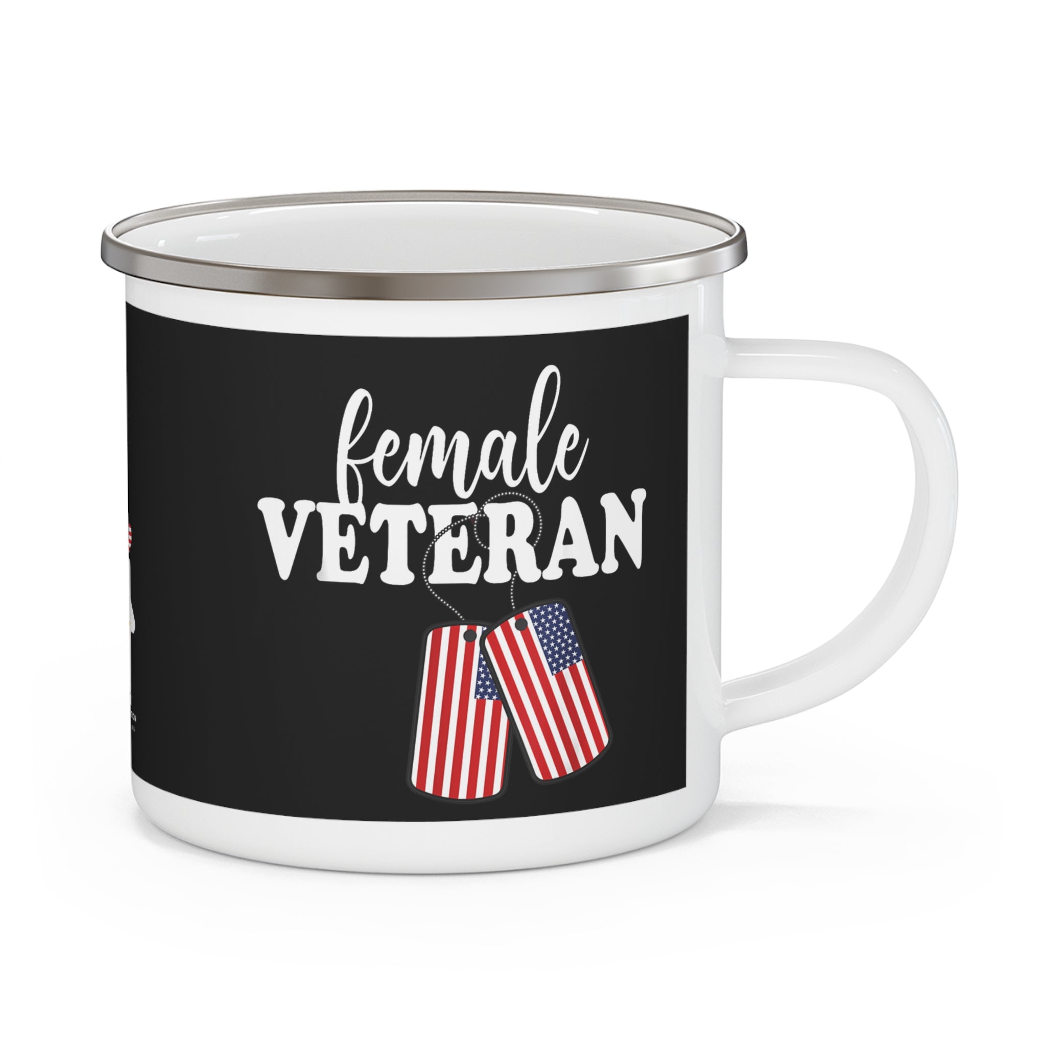Female Veteran Coffee Cup – Patriotic Enamel Mug with American Flags