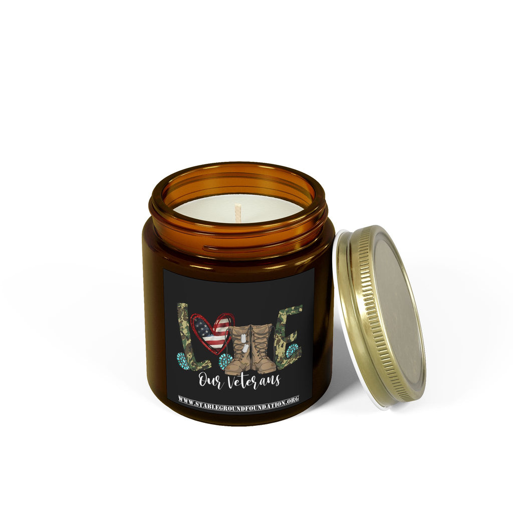 Love Our Veterans Candle – Rustic Camo Heart & Boots Patriotic Tribute Candle