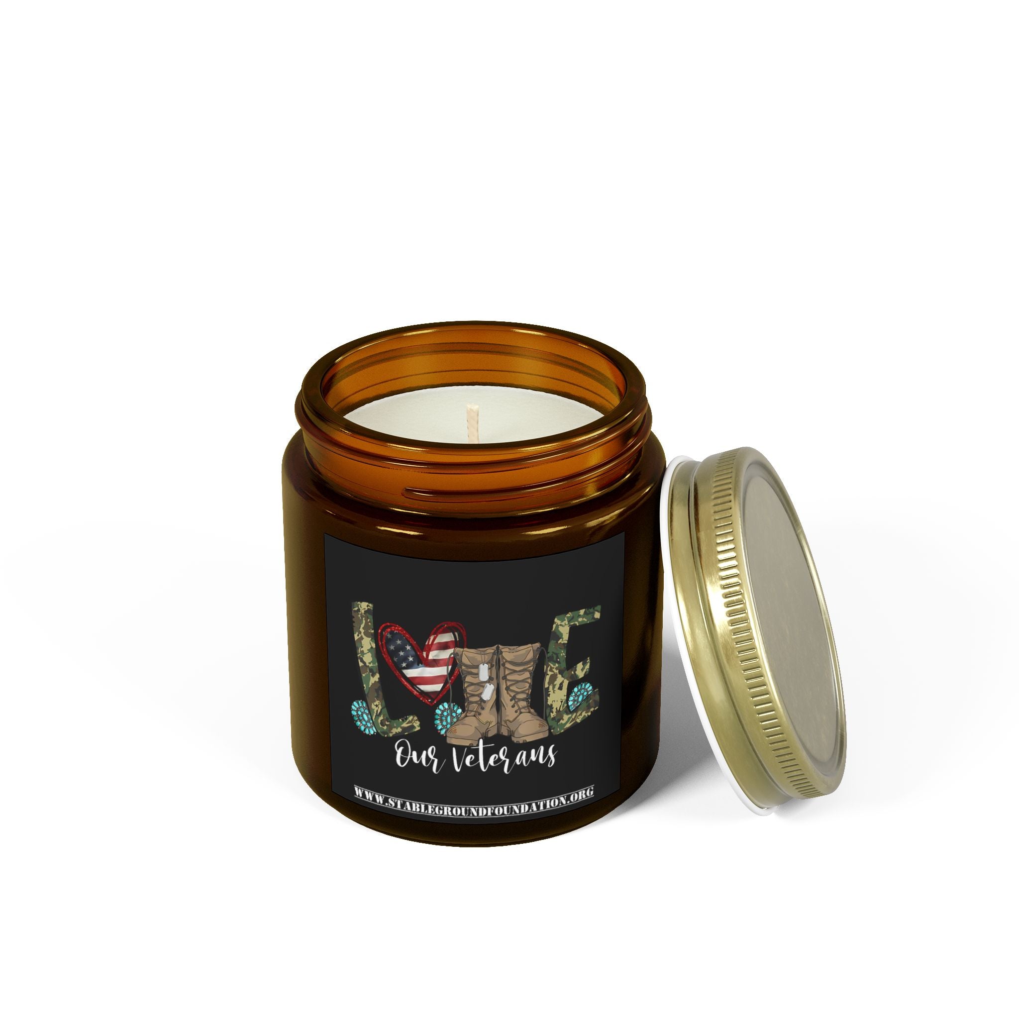 Love Our Veterans Candle – Rustic Camo Heart & Boots Patriotic Tribute Candle