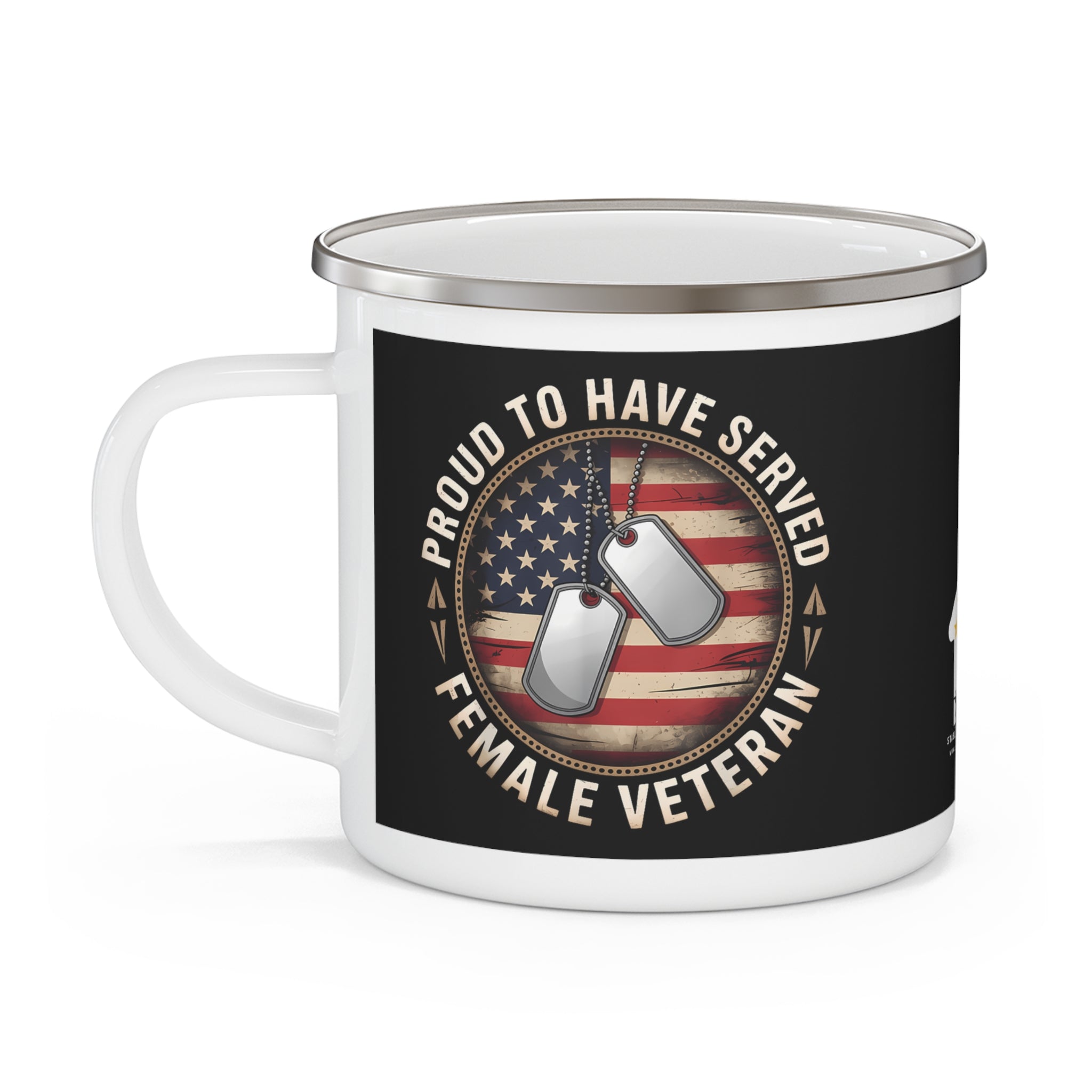 Proud Female Veteran Coffee Cup – Dog Tag & Flag Design