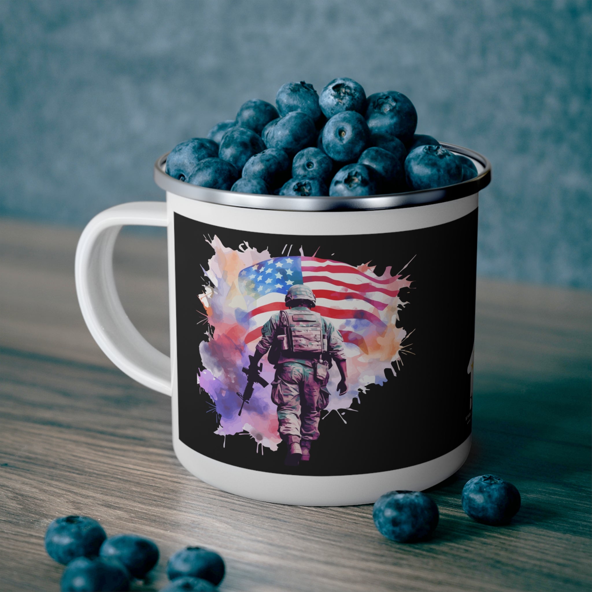 Colorful Watercolor Soldier Coffee Cup – Patriotic American Flag Enamel Cup