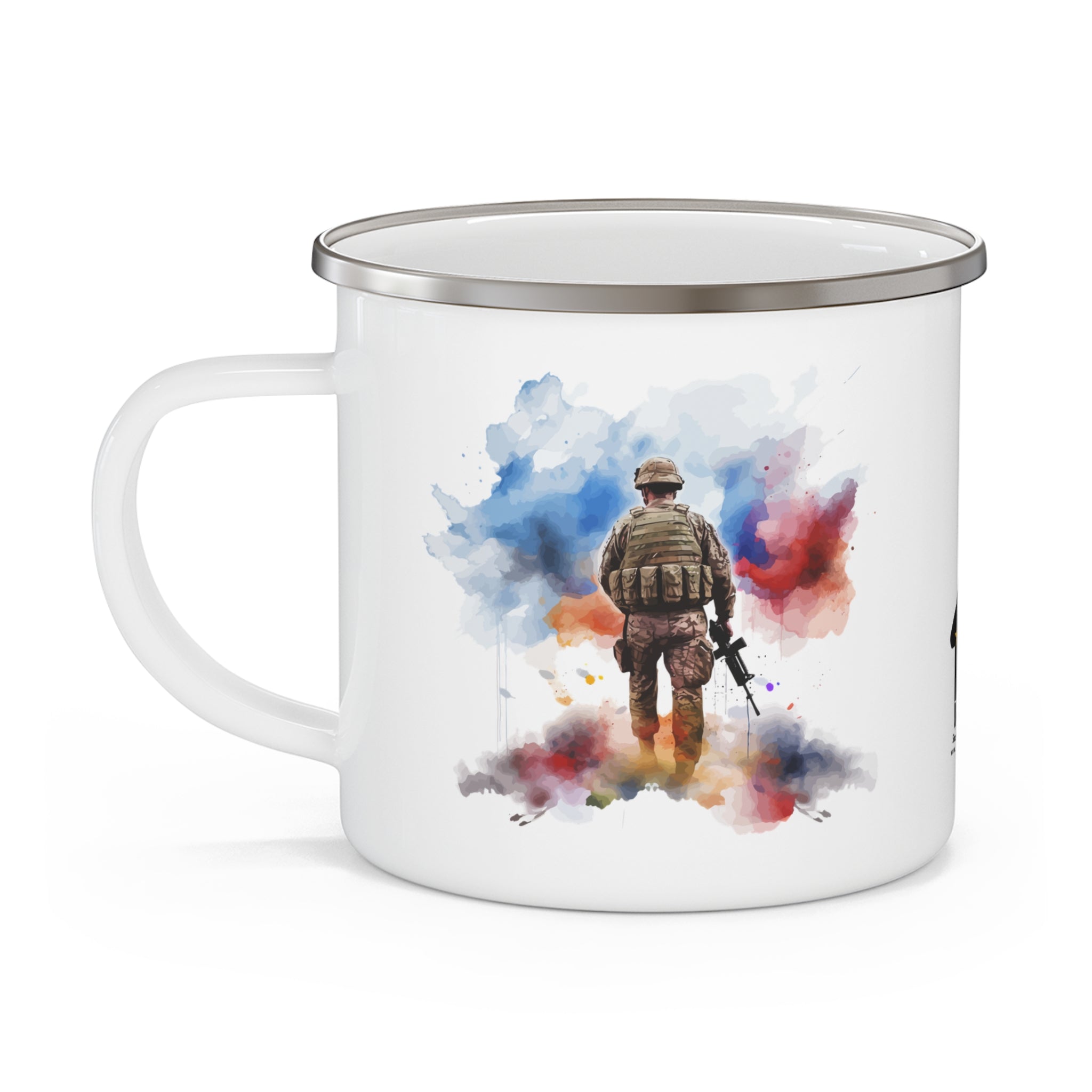 Watercolor Soldier Enamel Mug – Patriotic Military Tribute Coffee Cup