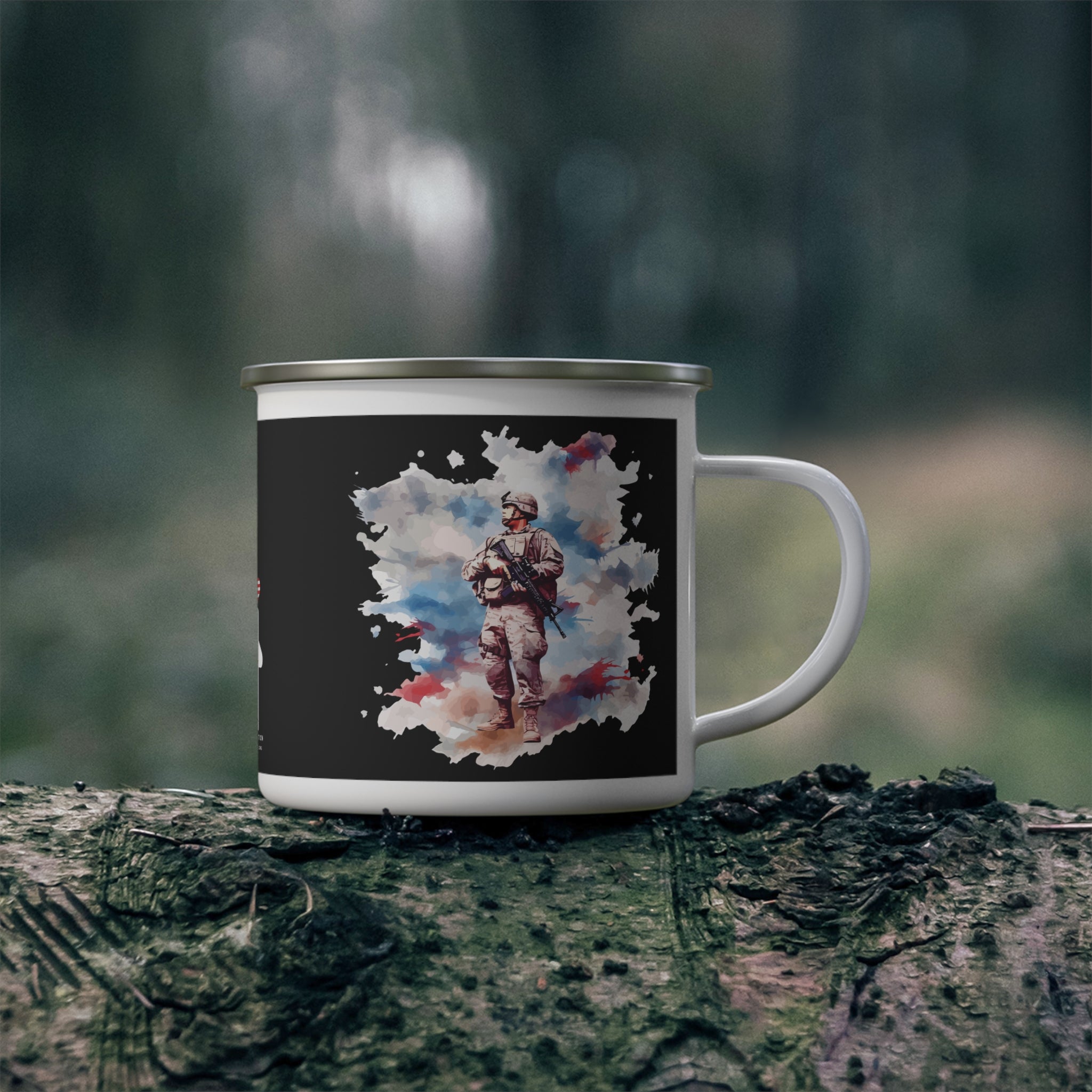 Watercolor Soldier Reflection Coffee Cup – Patriotic Tribute Enamel Cup
