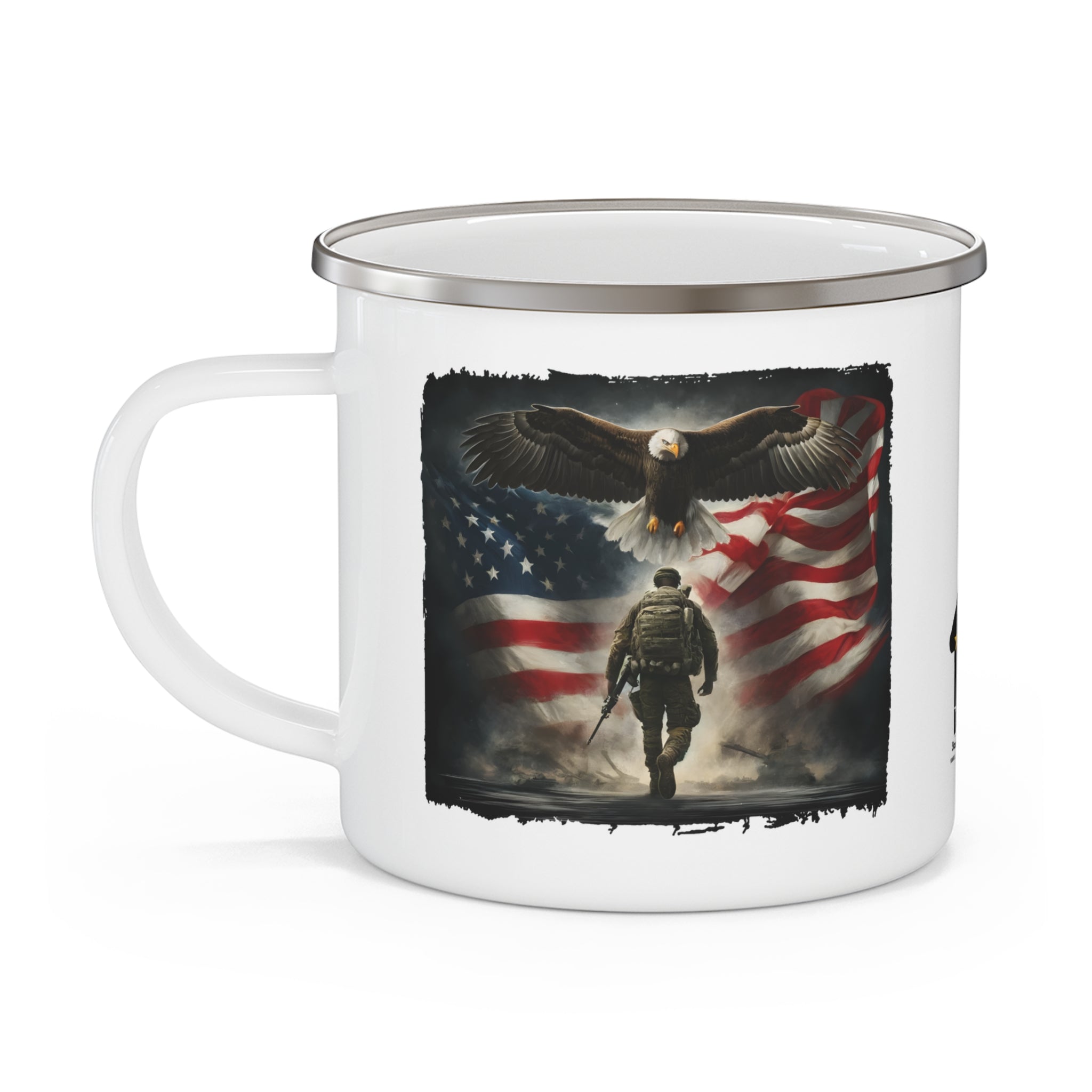 American Eagle Soldier Mug | Patriotic Enamel Coffee Cup Tribute to Veterans