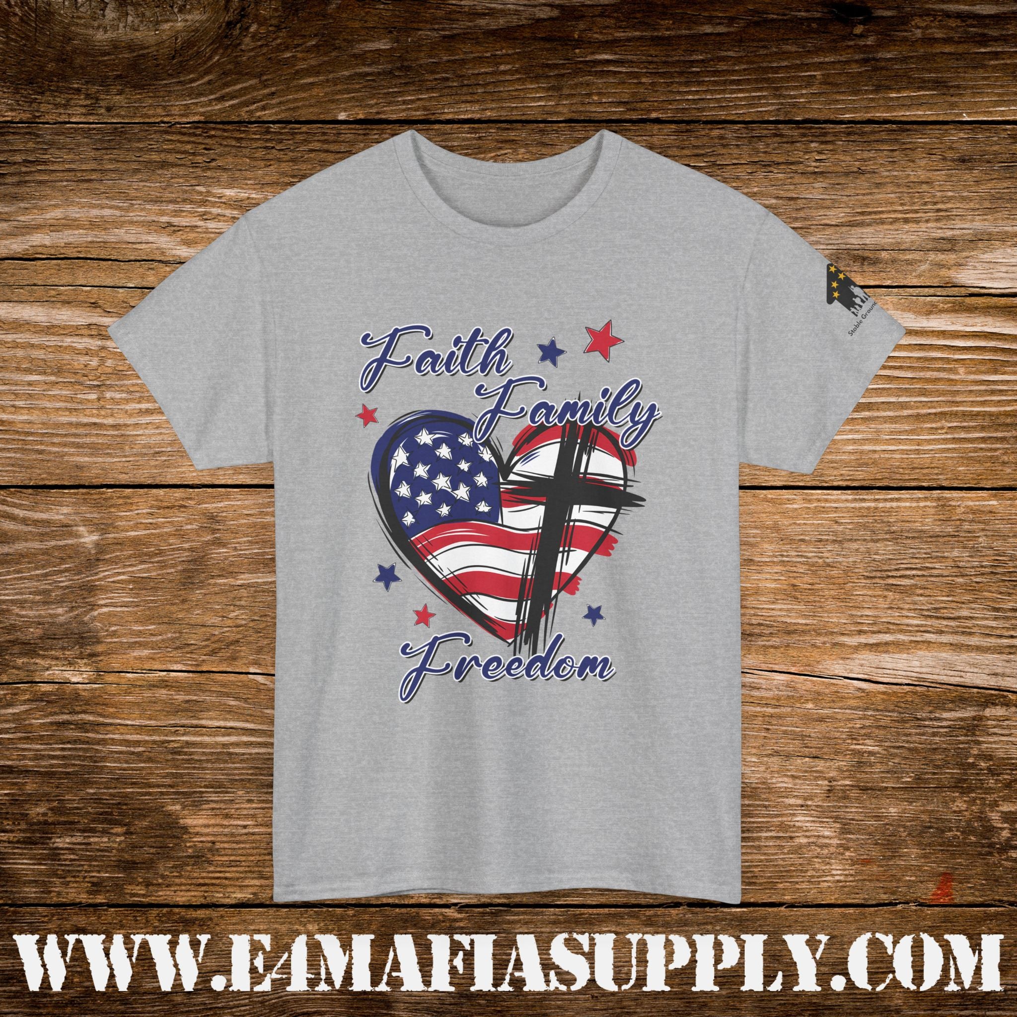 “Faith, Family, Freedom” – Patriotic American Flag & Cross T-Shirt