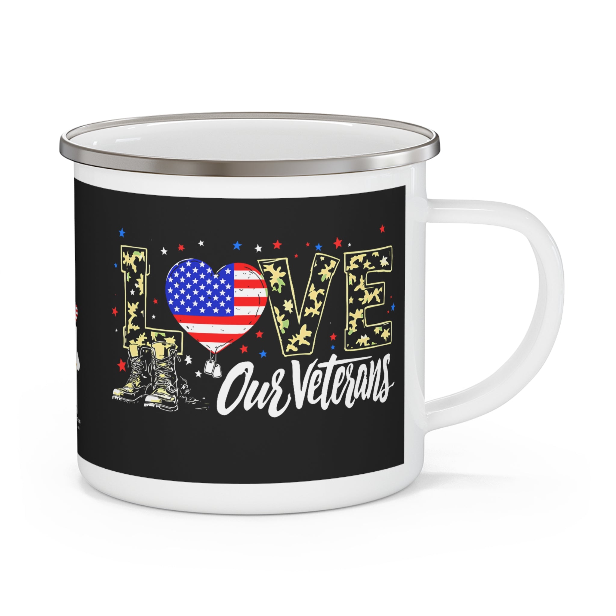 “Love Our Veterans” Enamel Mug with Camo Letters and American Flag Heart – Black Background