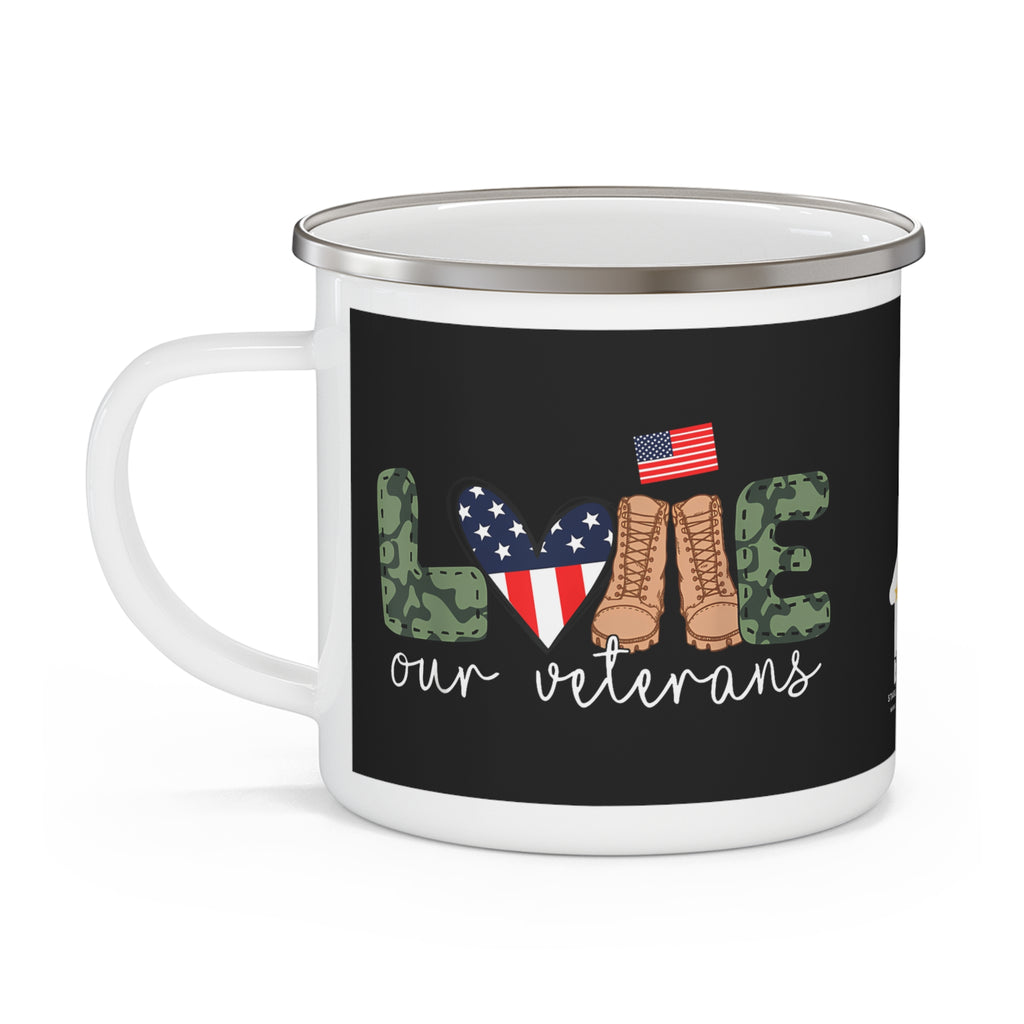 “Love Our Veterans” Enamel Mug with American Flag Heart, Camo Letters, and Boots Design