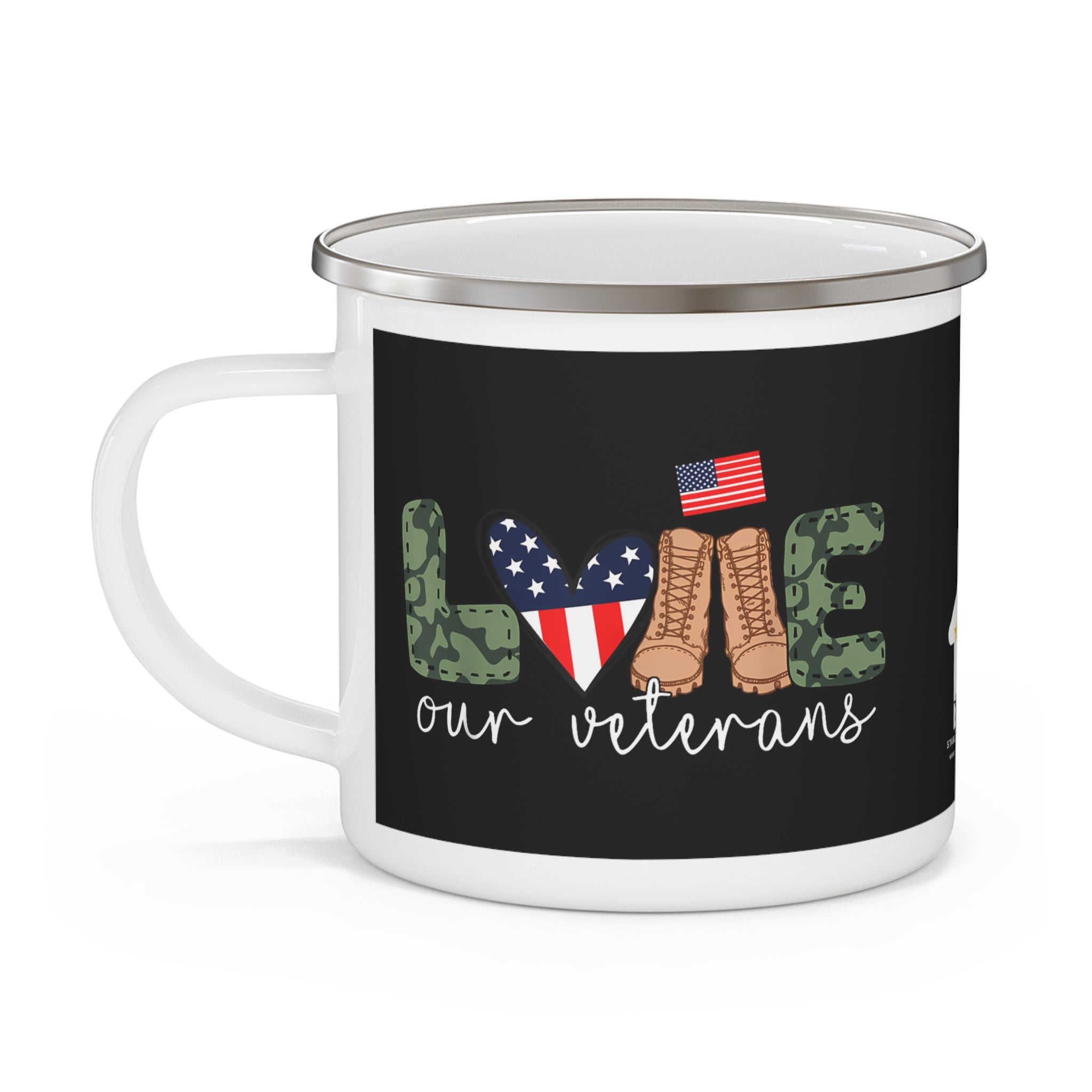 “Love Our Veterans” Enamel Mug with American Flag Heart, Camo Letters, and Boots Design