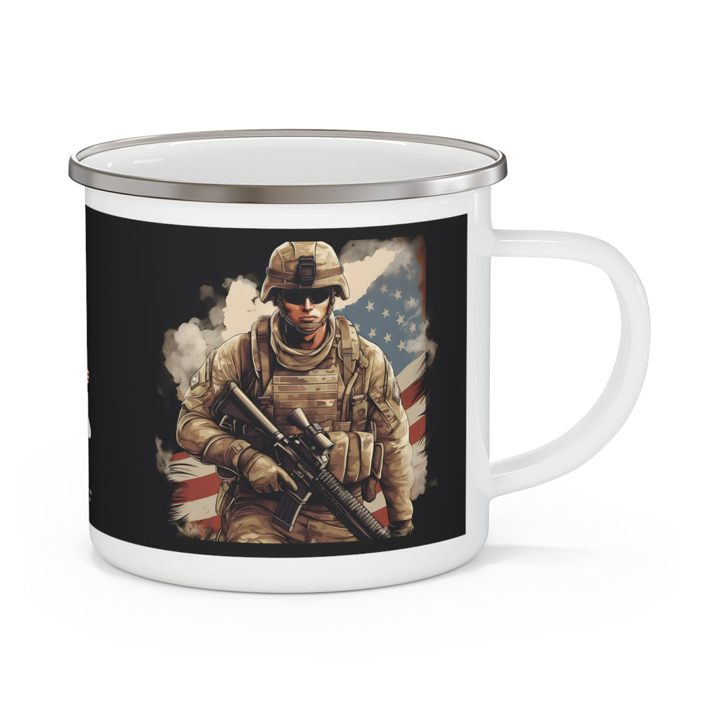 Patriotic Soldier Enamel Mug with American Flag Background – Veteran Tribute Coffee Cup