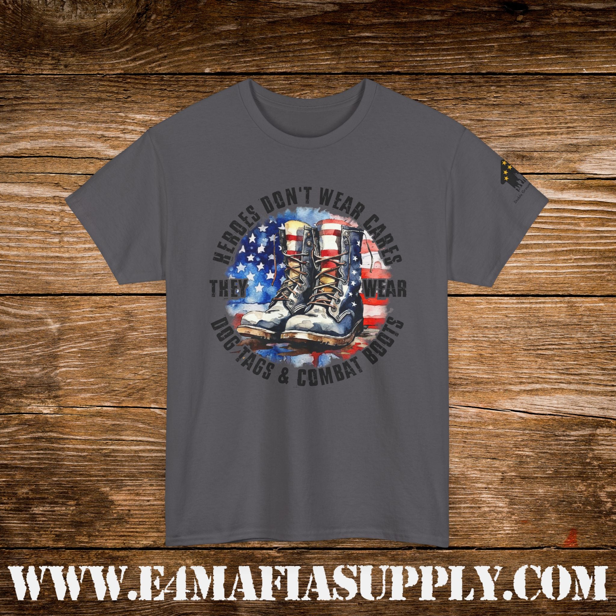 “Heroes Don’t Wear Capes – They Wear Dog Tags & Combat Boots” – Patriotic Round Flag Military T-Shirt