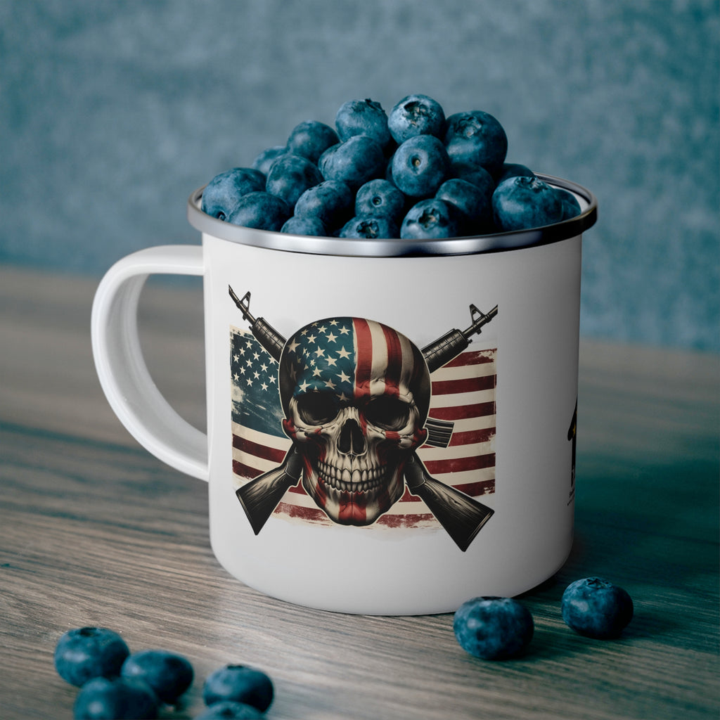 Patriotic Skull Coffee Cup – American Flag & Rifles Enamel Cup