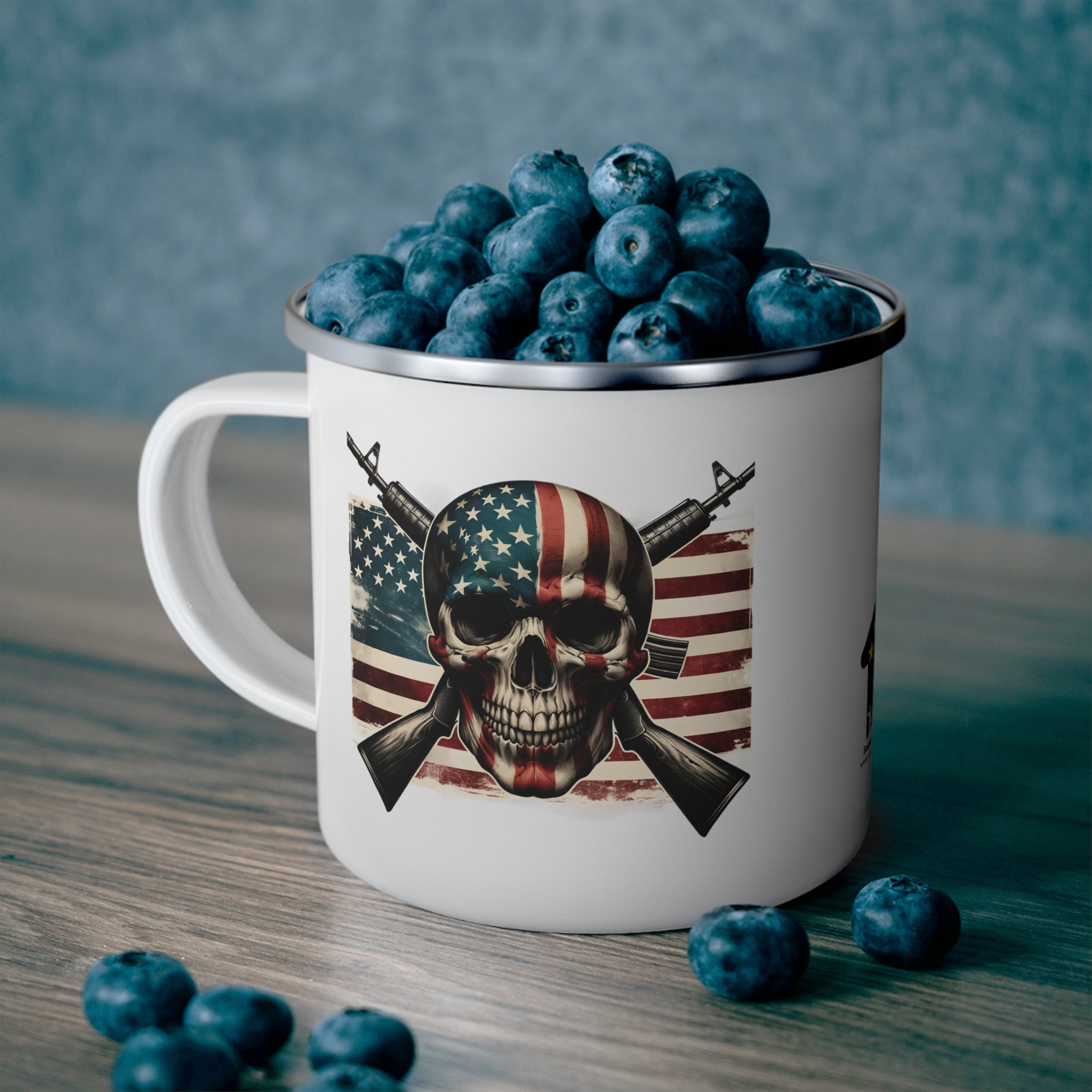 Patriotic Skull Coffee Cup – American Flag & Rifles Enamel Cup