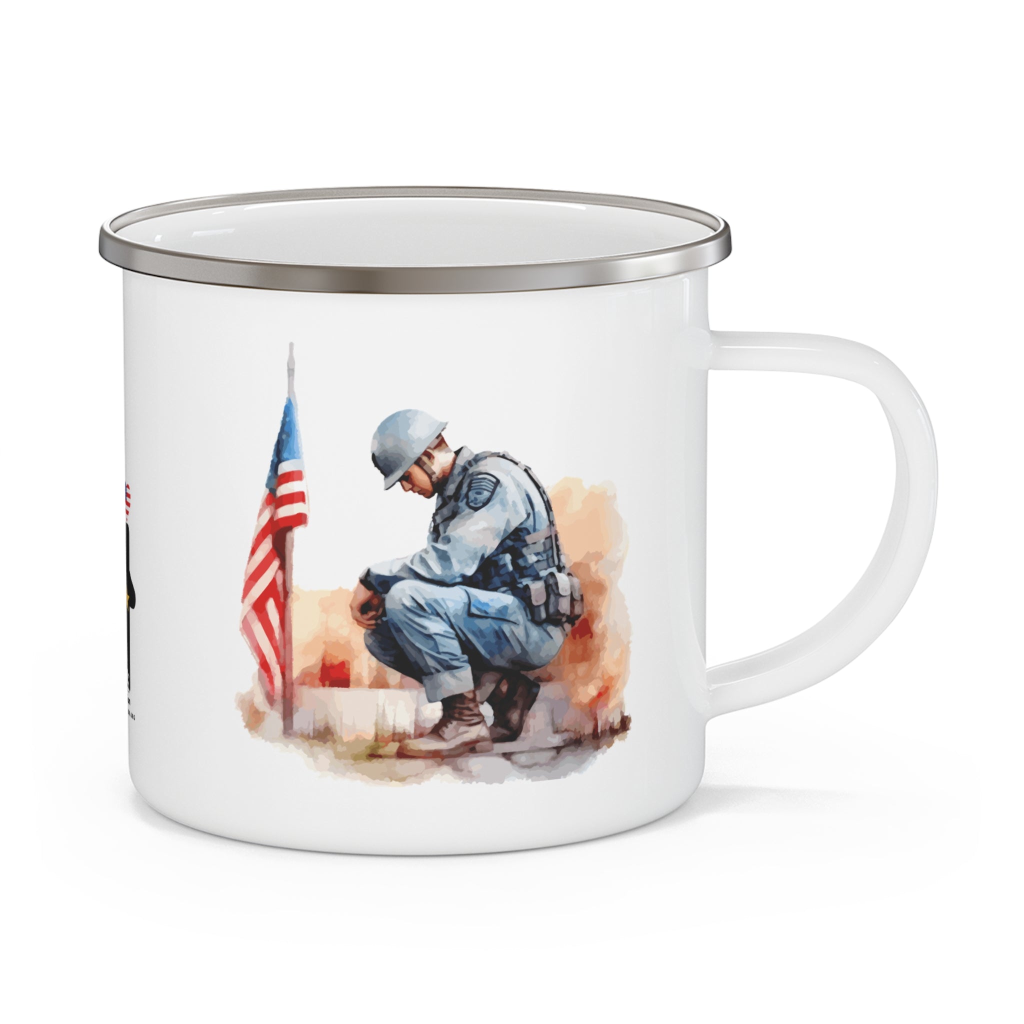 Kneeling Soldier Coffee Cup – Patriotic Remembrance Enamel Mug
