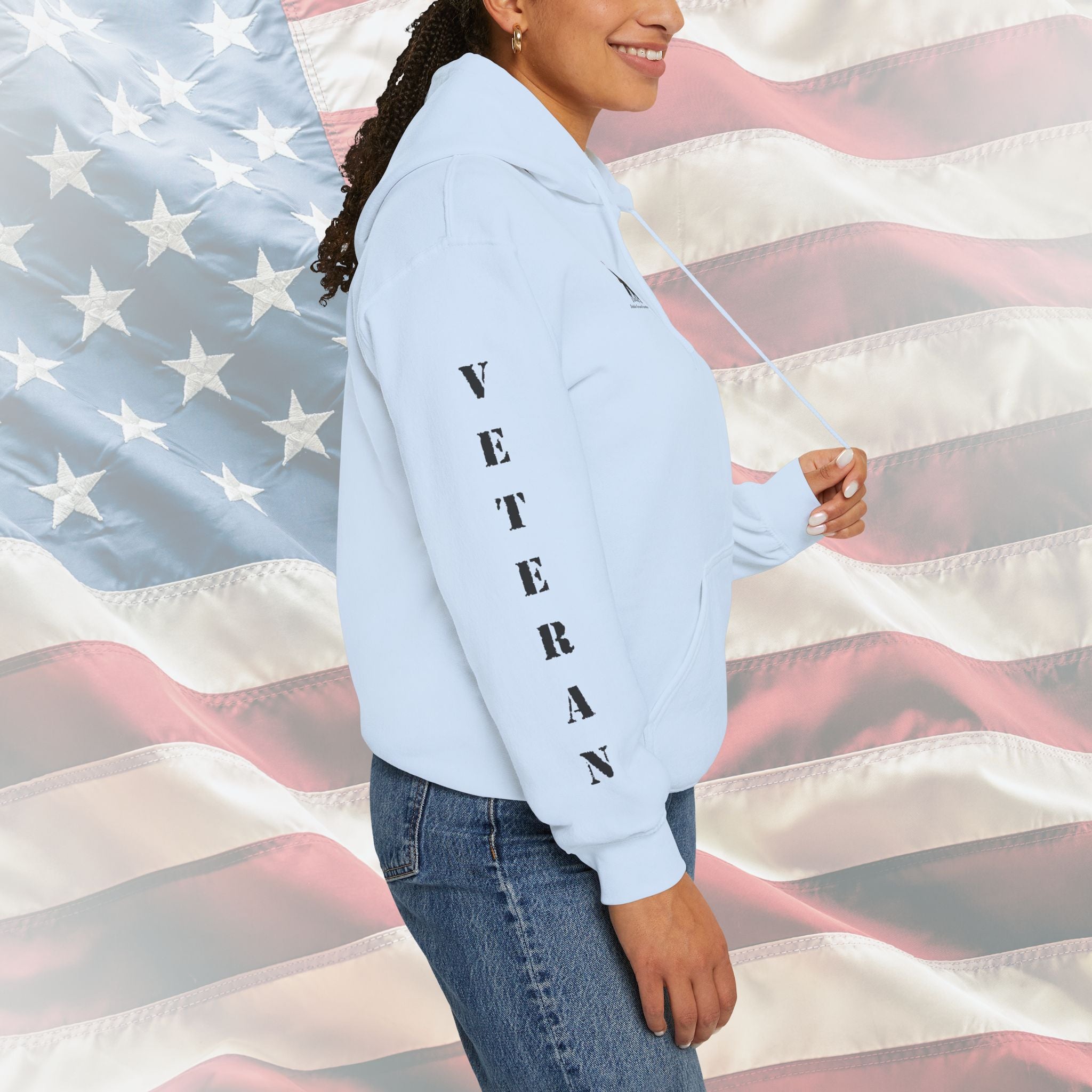 “God Bless Our Veterans” American Flag Boots Patriotic Veteran Sleeve Hoodie