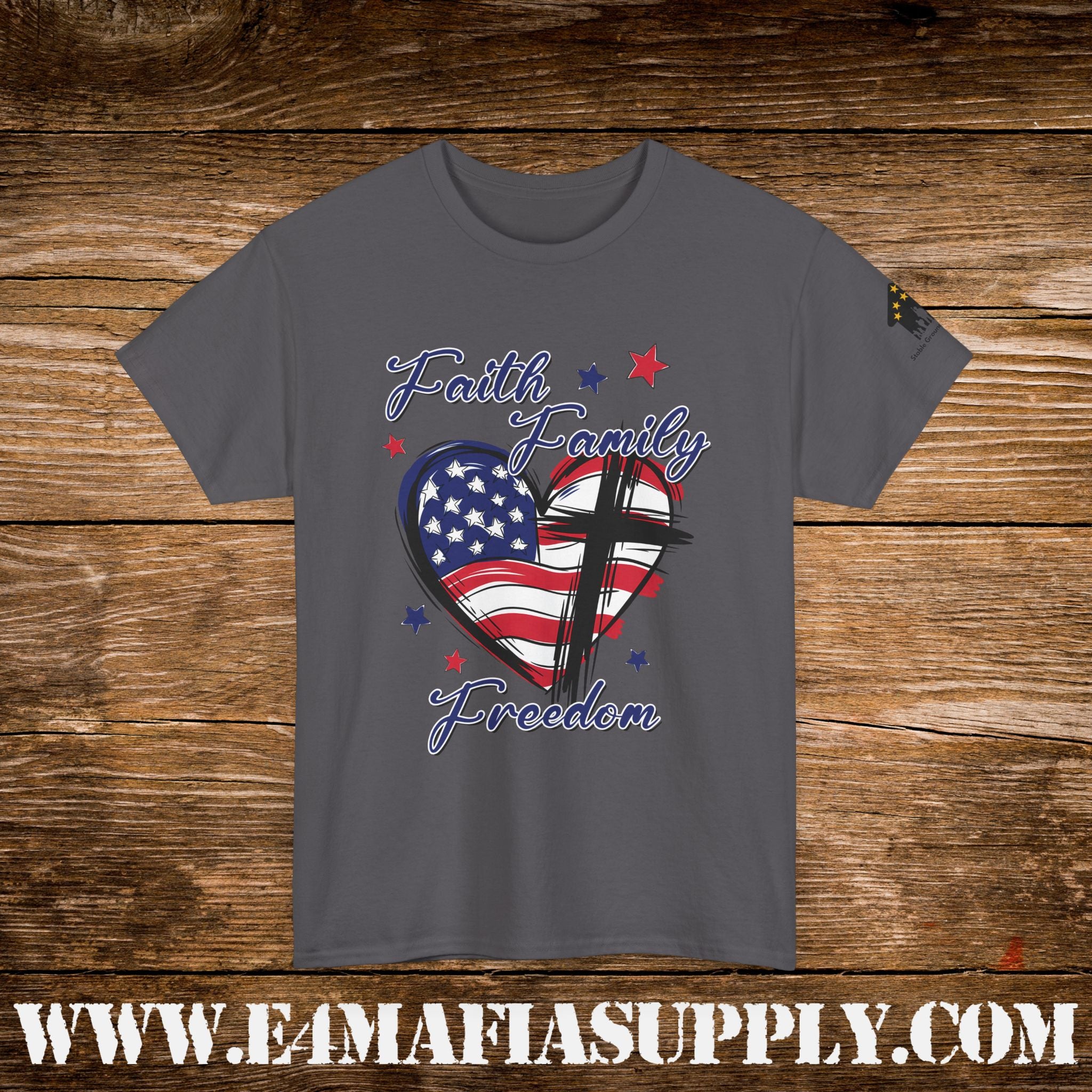 “Faith, Family, Freedom” – Patriotic American Flag & Cross T-Shirt
