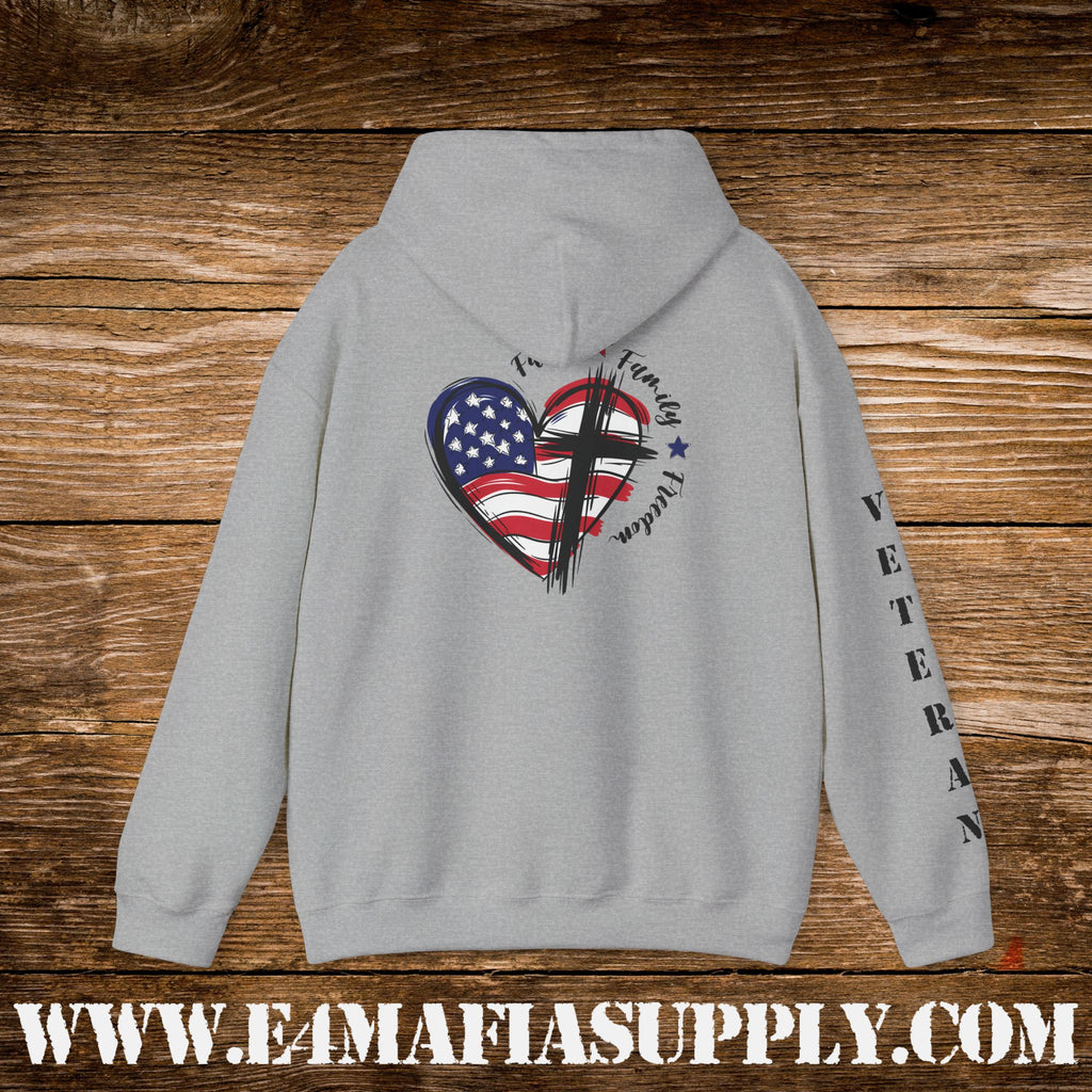 “Faith Family Freedom” Patriotic Cross and Flag Veteran Hoodie