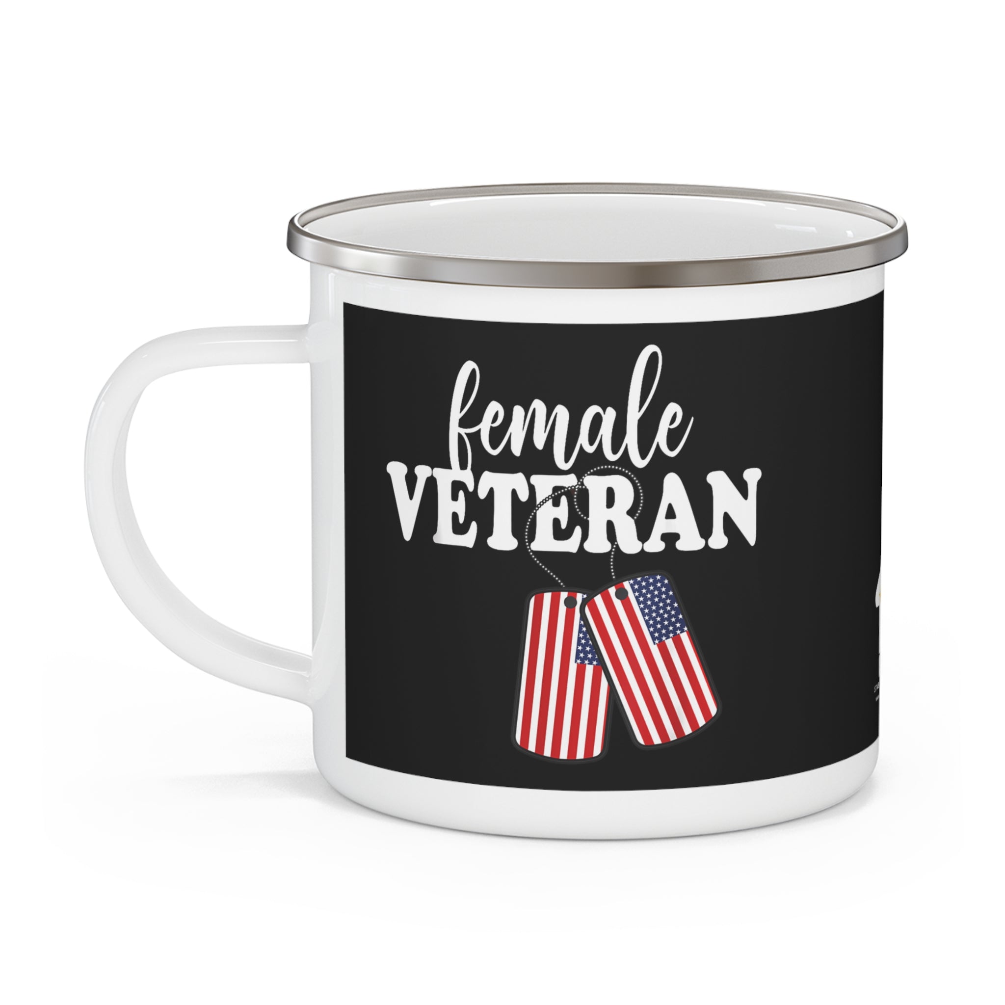 Female Veteran Coffee Cup – Patriotic Enamel Mug with American Flags