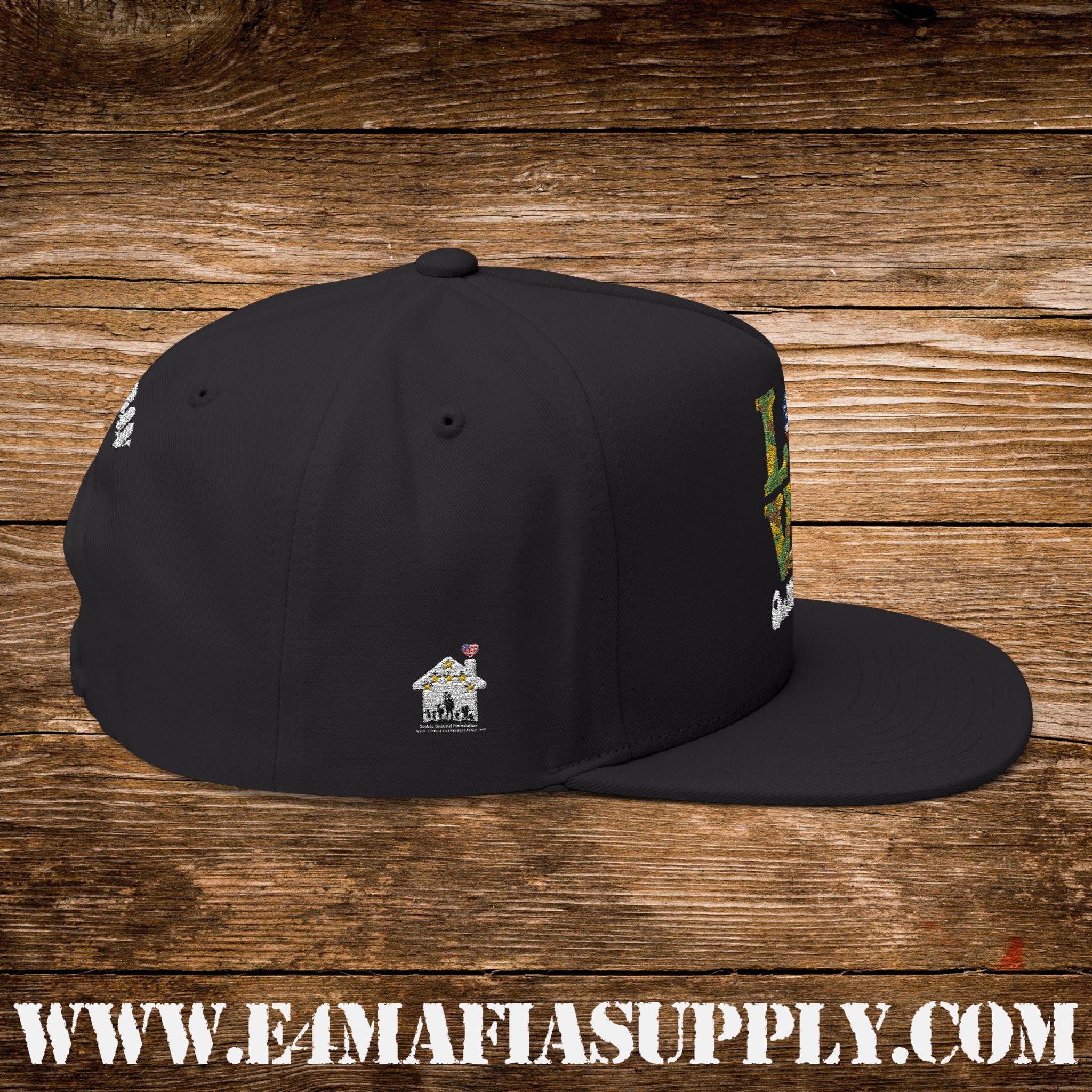 Patriotic “Love Our Veterans” Flat Bill Cap with Camo Letters and American Flag Heart