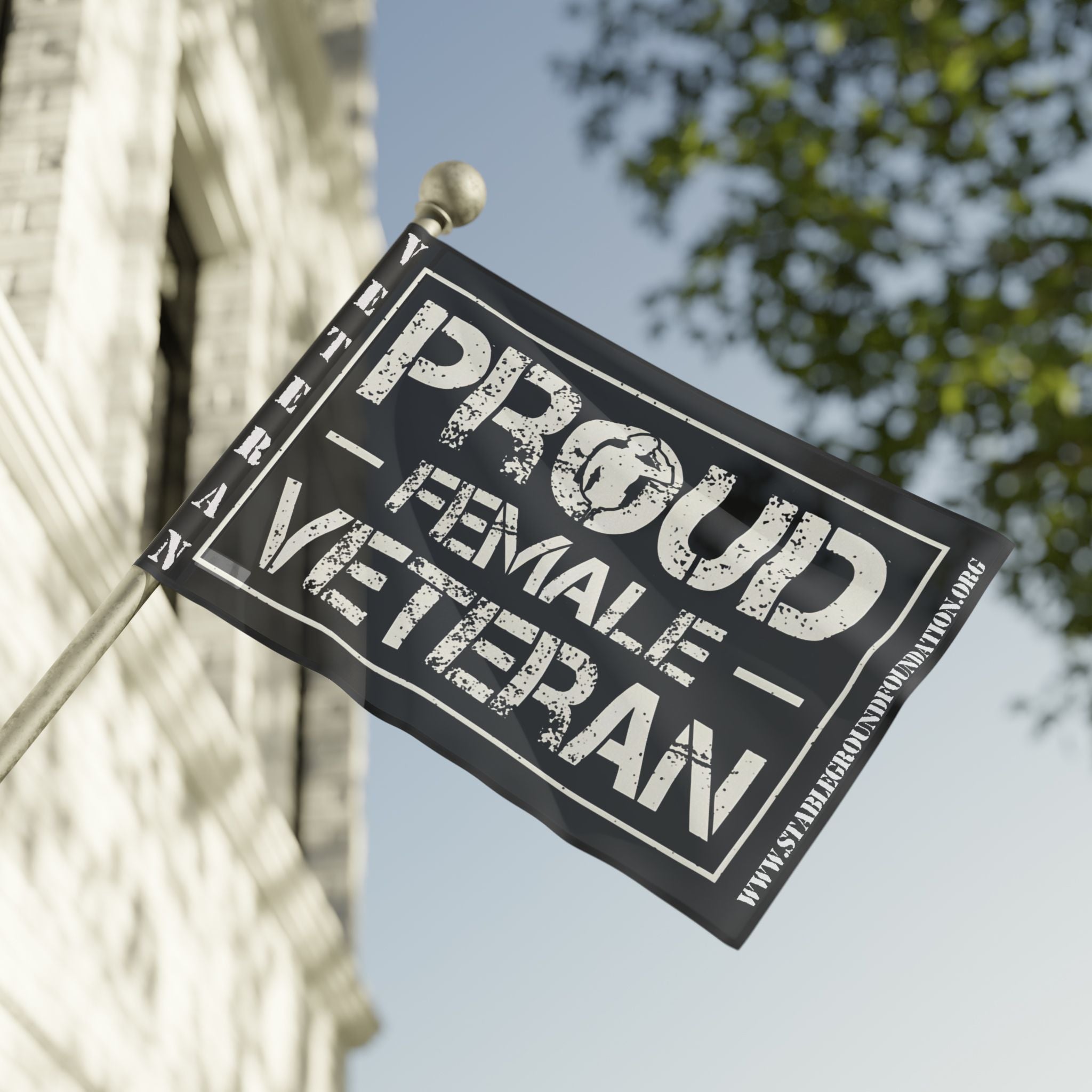 A patriotic flag with bold white lettering that reads “Proud Female Veteran” on a black background, symbolizing strength, service, and pride in military women.