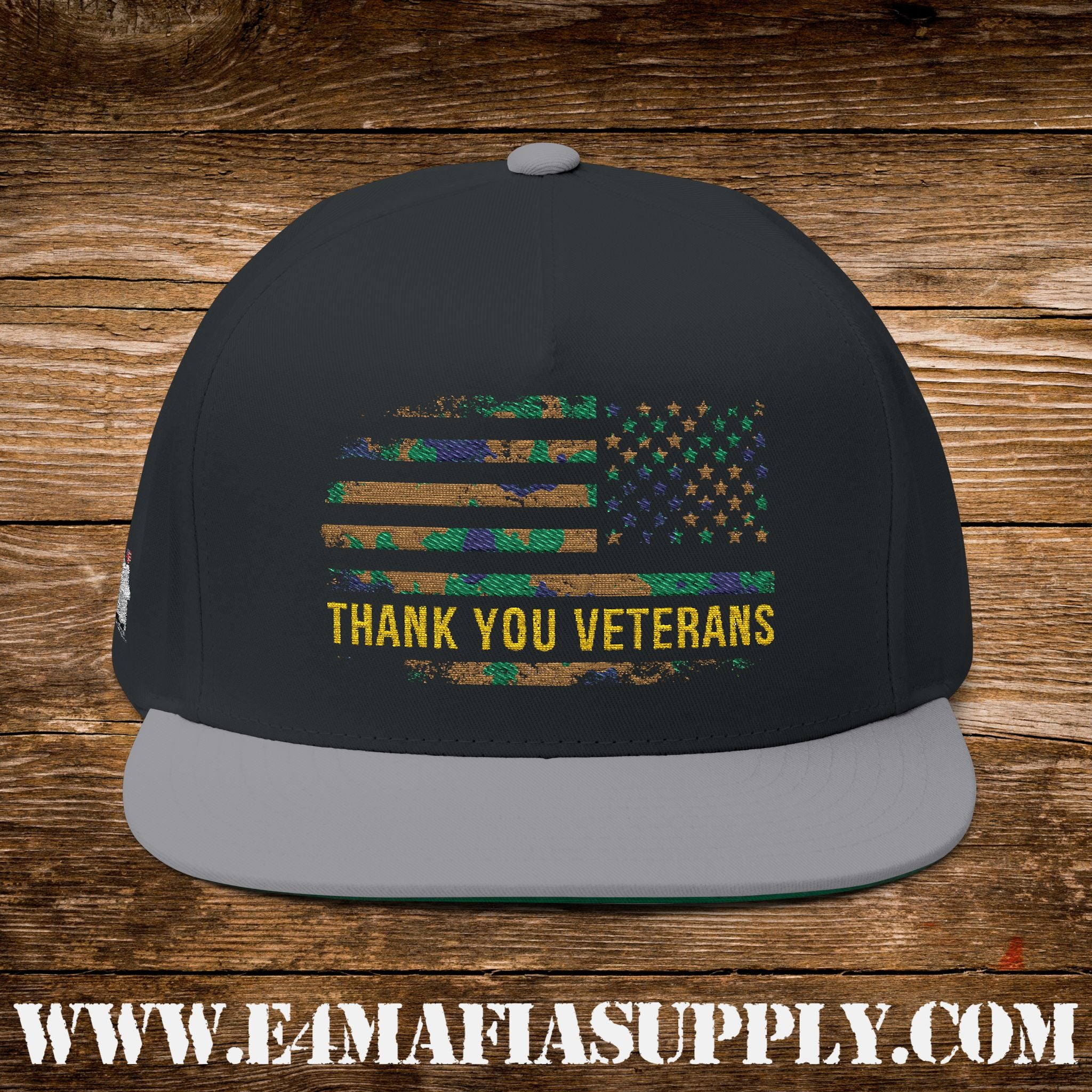 Patriotic “Thank You Veterans” Flat Bill Cap with American Flag Embroidery