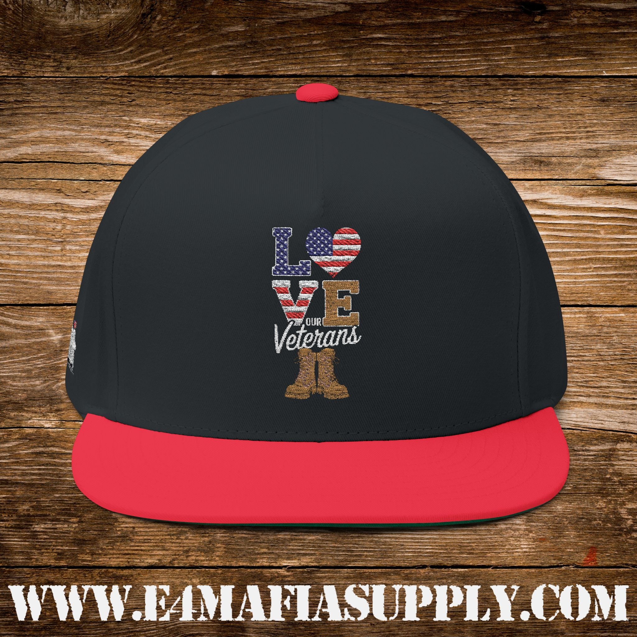 Patriotic “Love Veterans” Flat Bill Cap with American Flag Heart and Combat Boots
