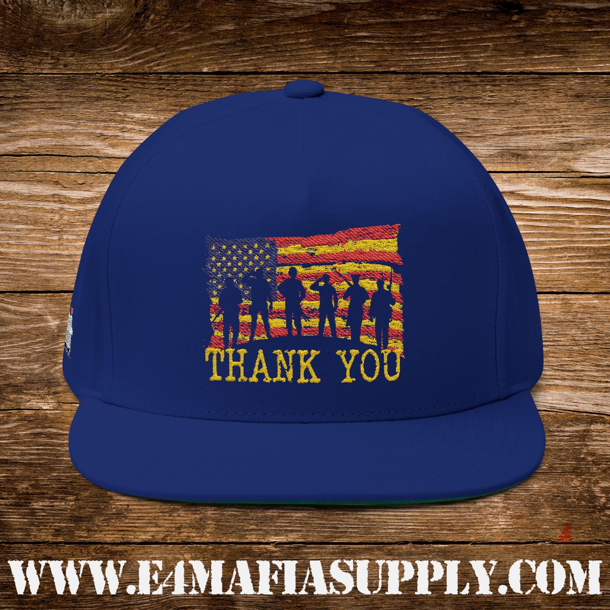 Patriotic “Thank You Veterans” Flat Bill Cap with American Flag and Soldier Silhouette