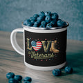 “Love Our Veterans” Enamel Mug with American Flag Heart and Combat Boot Design