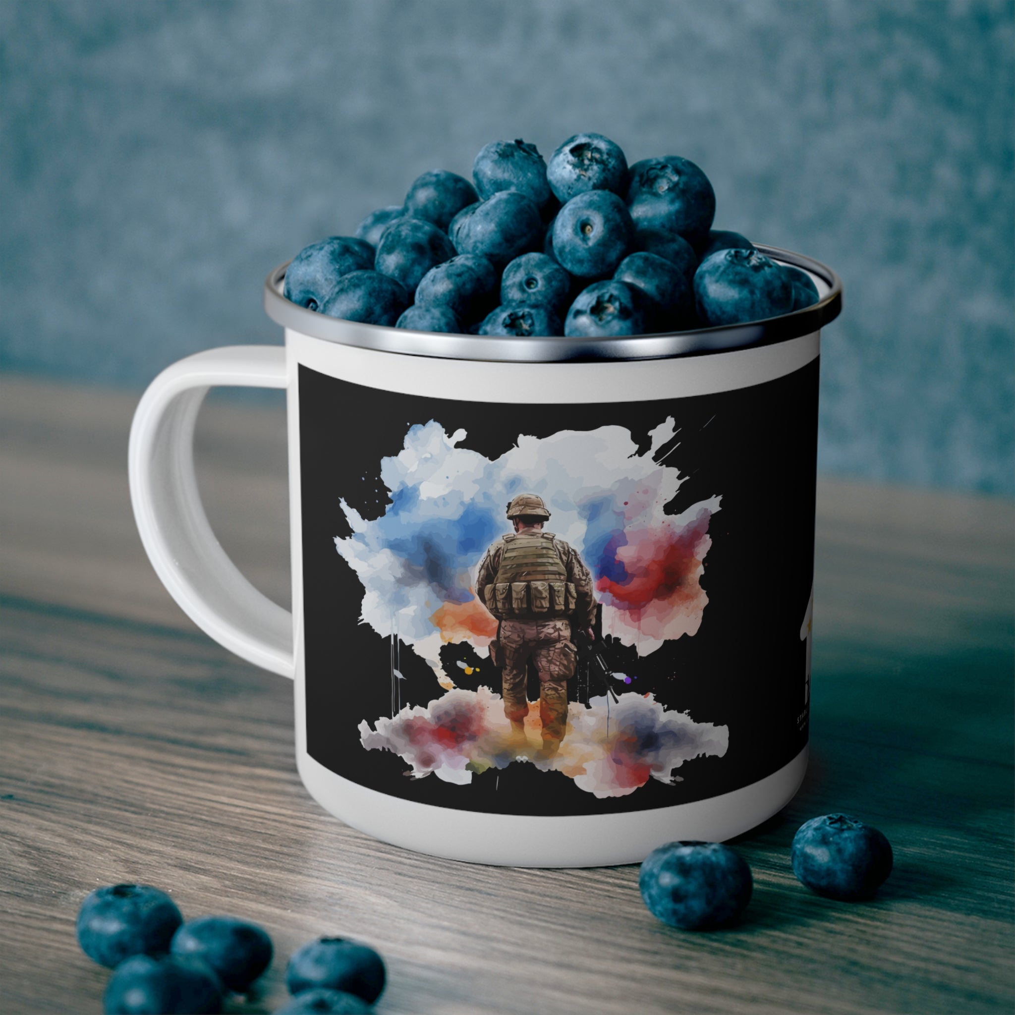Dark Watercolor Soldier Coffee Cup – Patriotic Reflection Enamel Cup