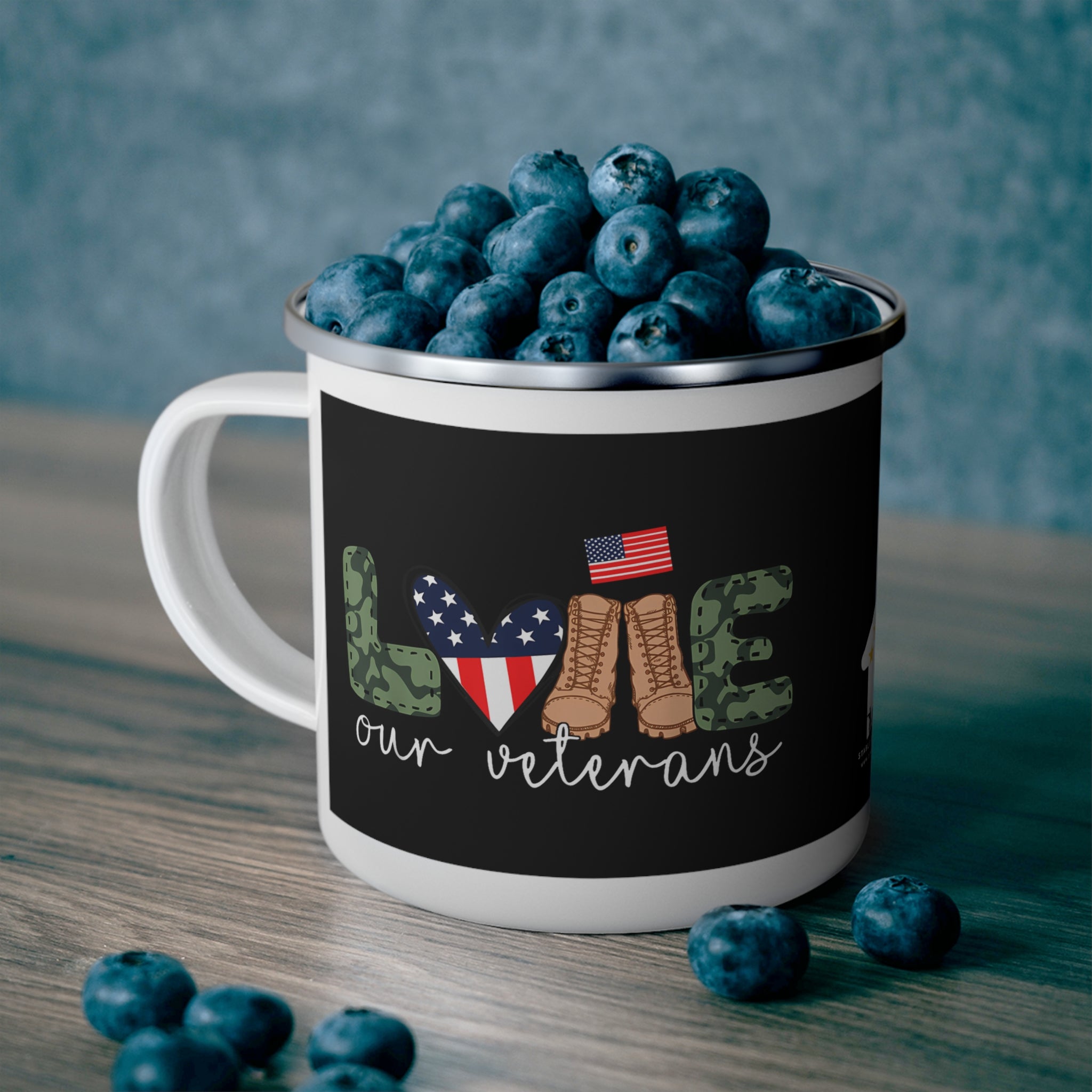 “Love Our Veterans” Enamel Mug with American Flag Heart, Camo Letters, and Boots Design