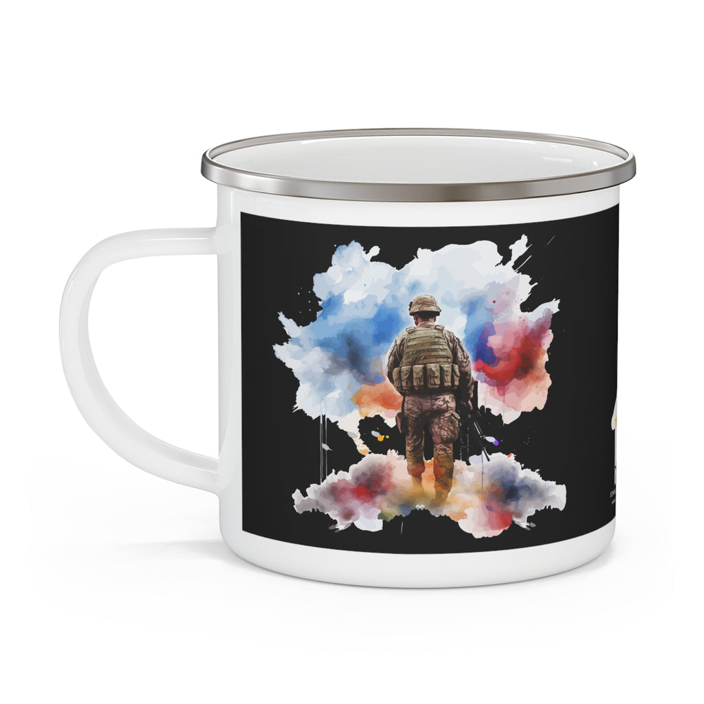 Dark Watercolor Soldier Coffee Cup – Patriotic Reflection Enamel Cup