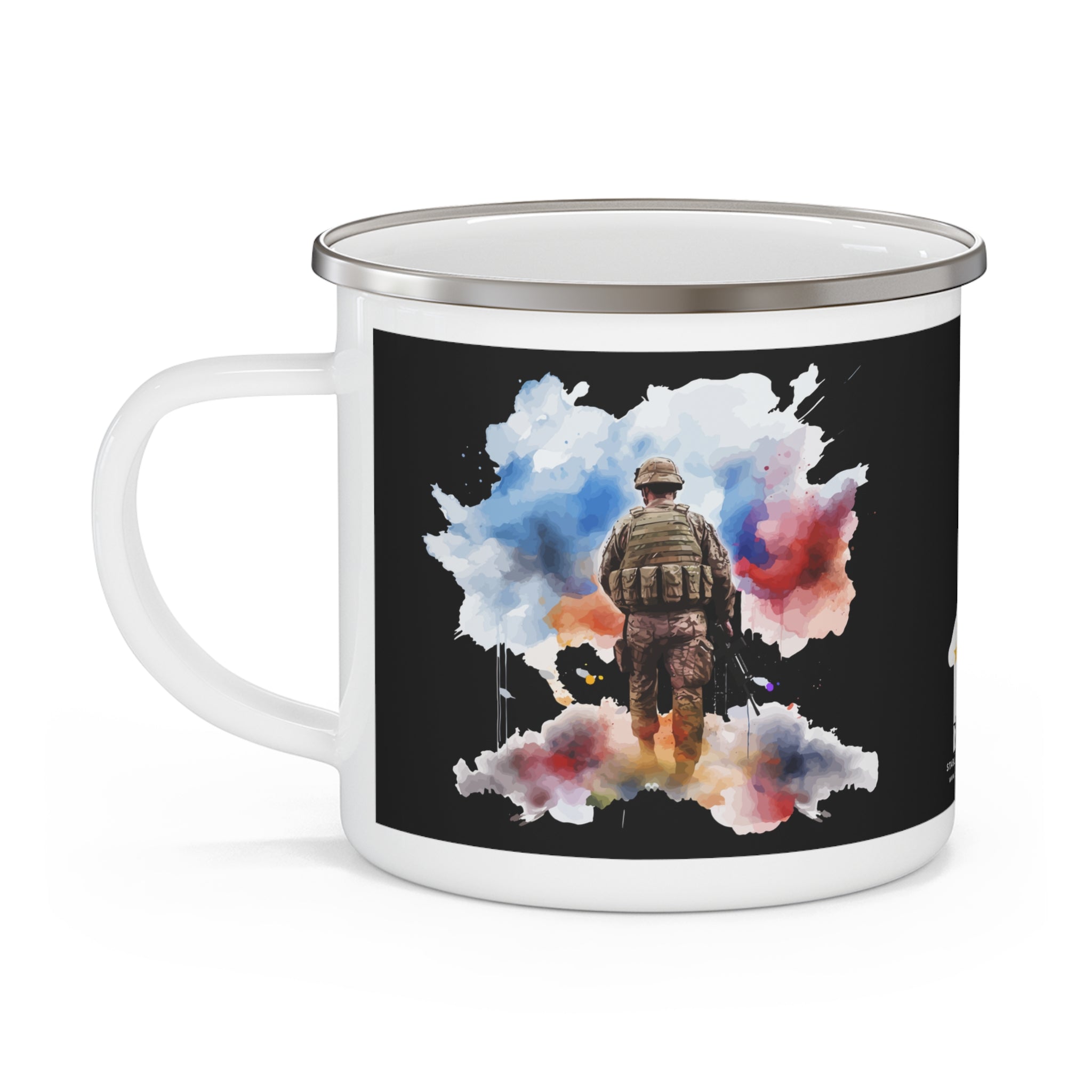 Dark Watercolor Soldier Coffee Cup – Patriotic Reflection Enamel Cup