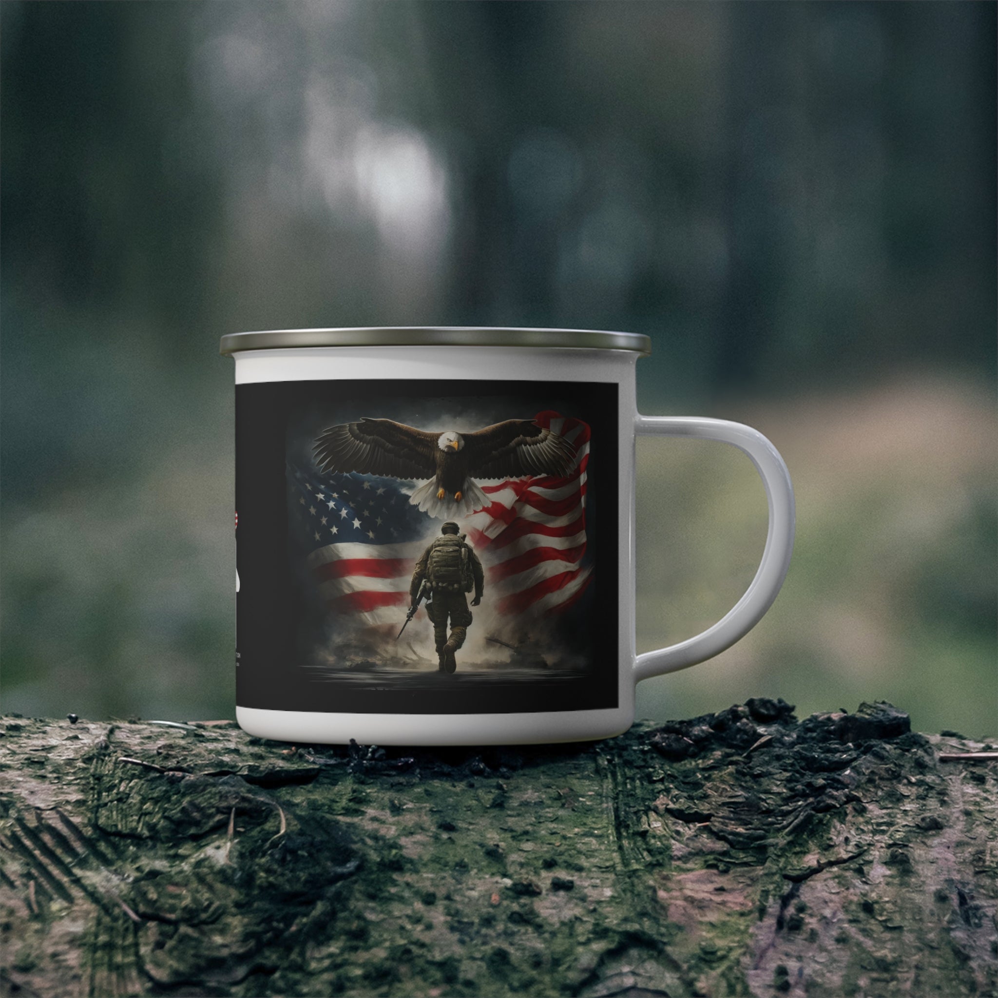 American Eagle Soldier Coffee Cup – Patriotic Flag Tribute Enamel Cup