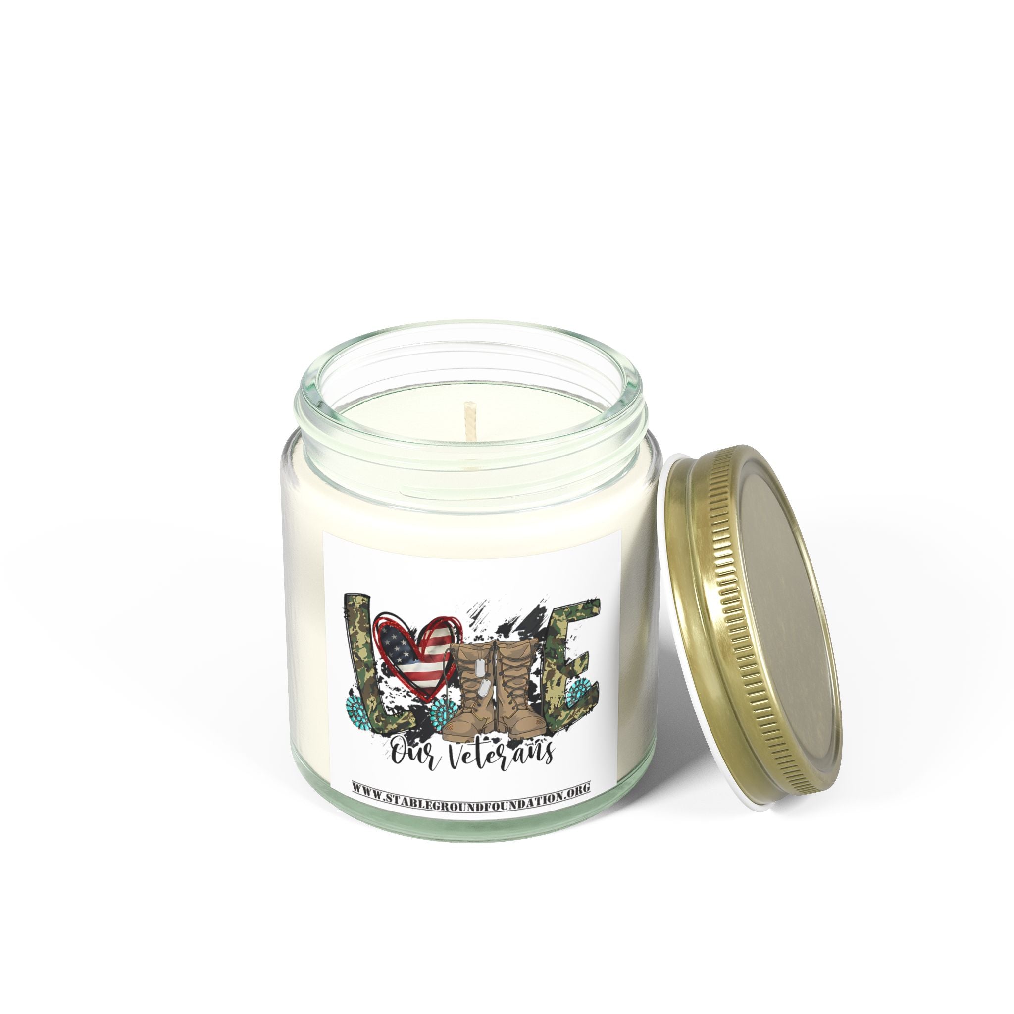 Love Our Veterans Candle – Rustic Camo Heart & Boots Tribute Candle
