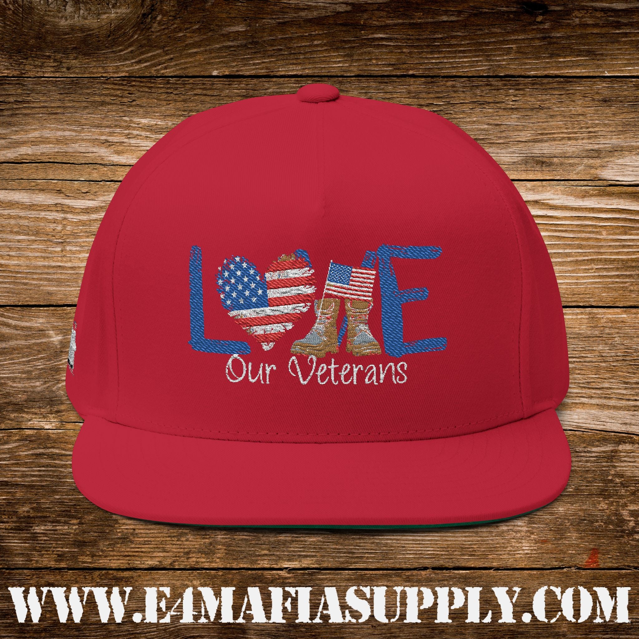 Patriotic “Love Our Veterans” Flat Bill Cap with American Flag Heart and Combat Boots