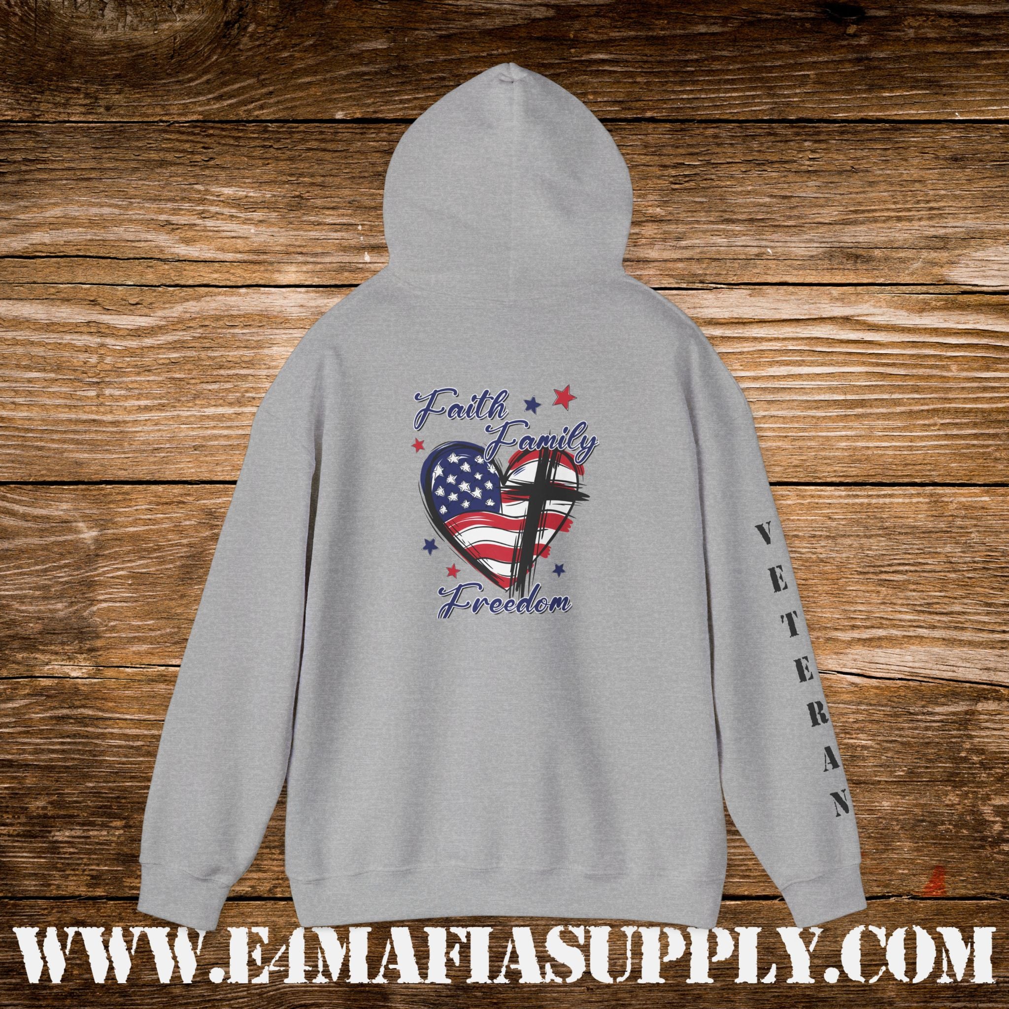“Faith Family Freedom” American Flag Heart Patriotic Veteran Hoodie