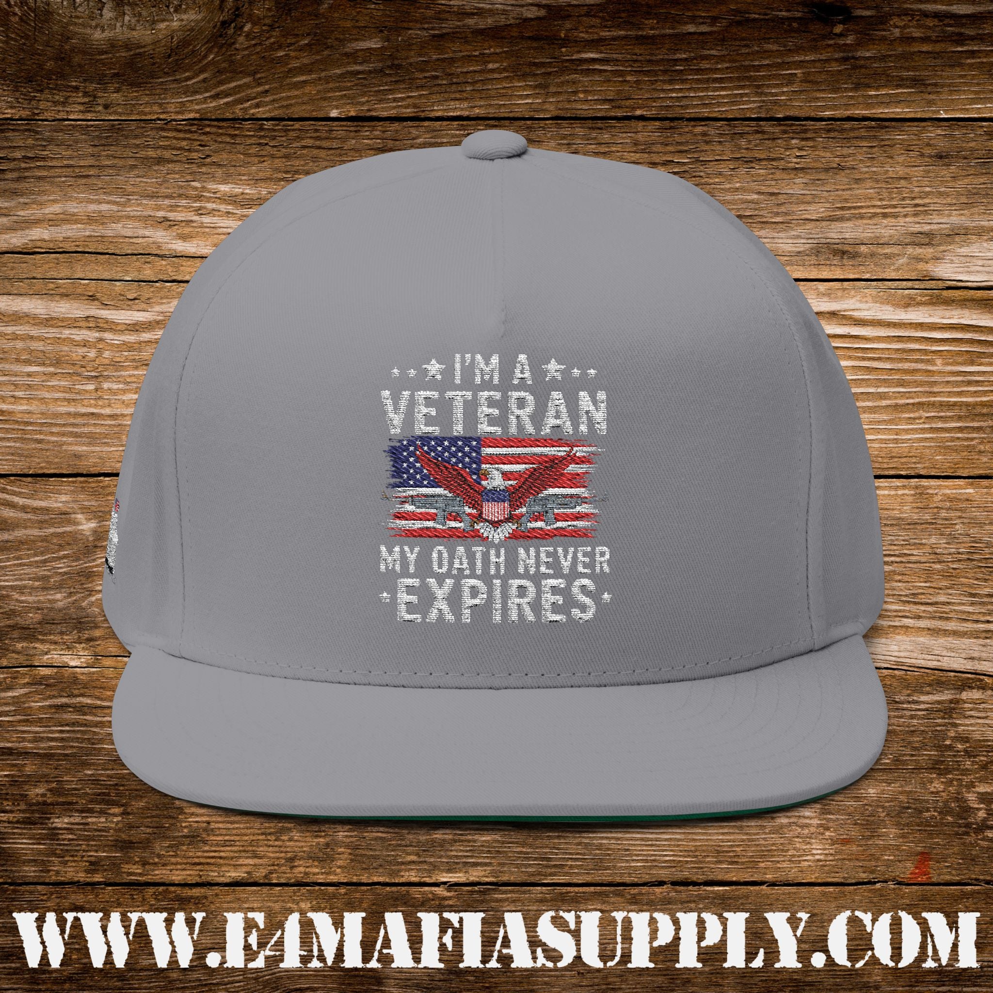 “I’m a Veteran – My Oath Never Expires” Patriotic Flat Bill Cap with American Flag