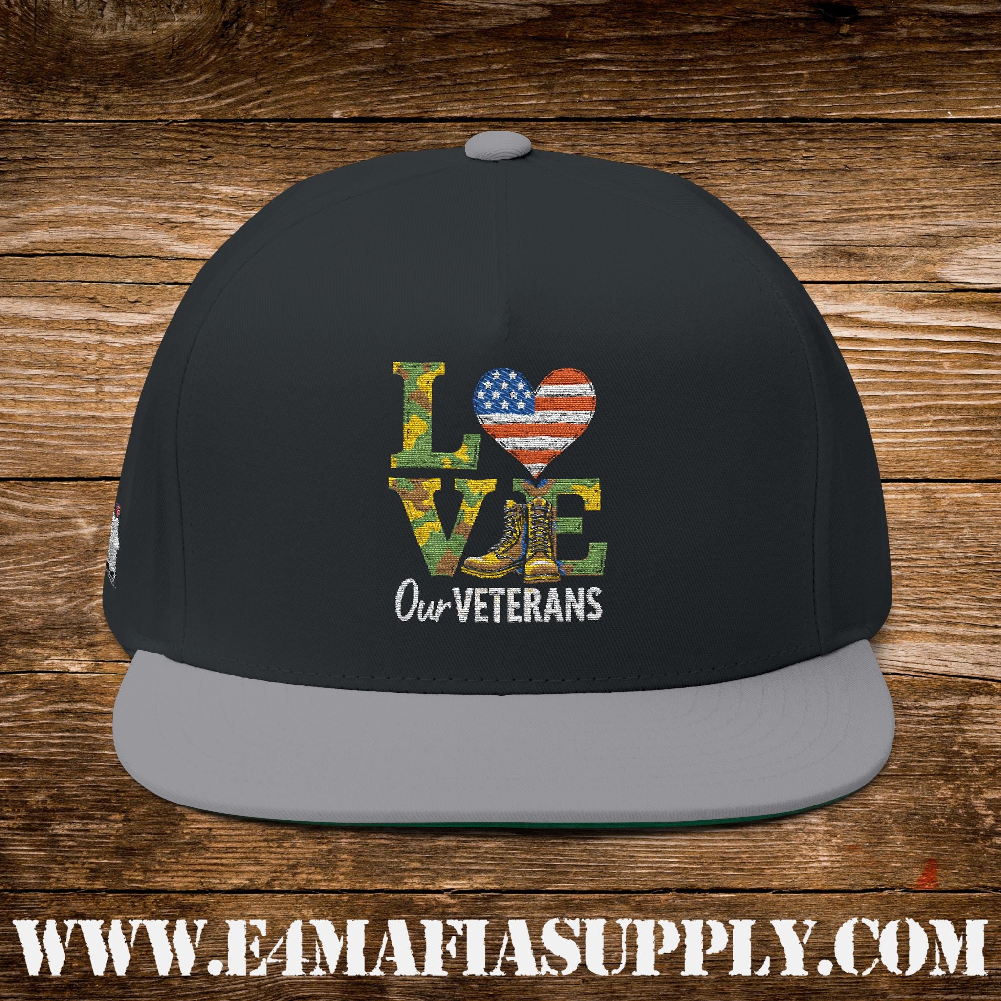 Patriotic “Love Our Veterans” Flat Bill Cap with Camo Letters and American Flag Heart