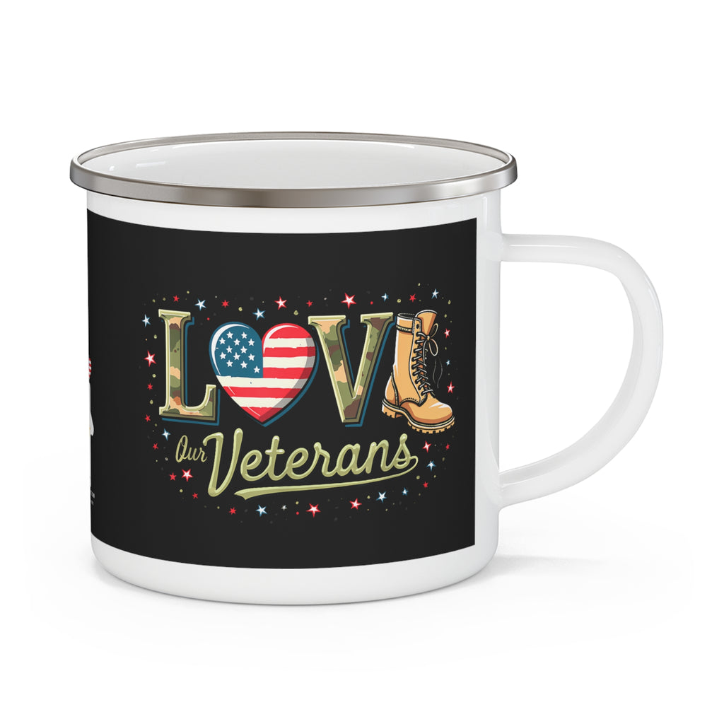 “Love Our Veterans” Enamel Mug with American Flag Heart, Combat Boots, and Star Accents