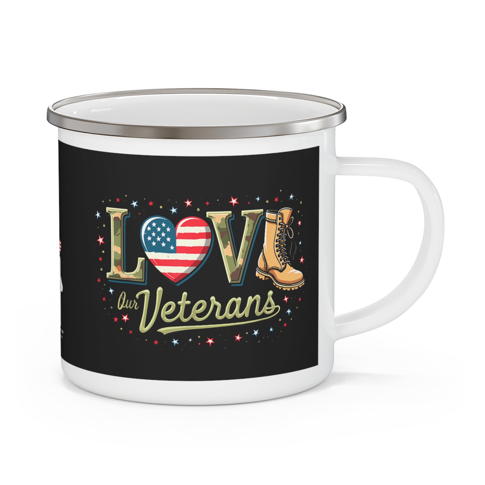 “Love Our Veterans” Enamel Mug with American Flag Heart, Combat Boots, and Star Accents
