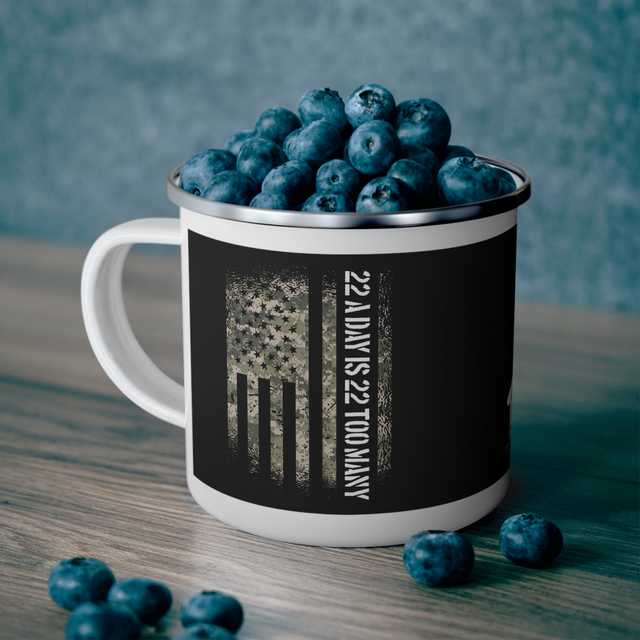 22 A Day Veteran Awareness Enamel Mug – American Flag Military Tribute Coffee Cup